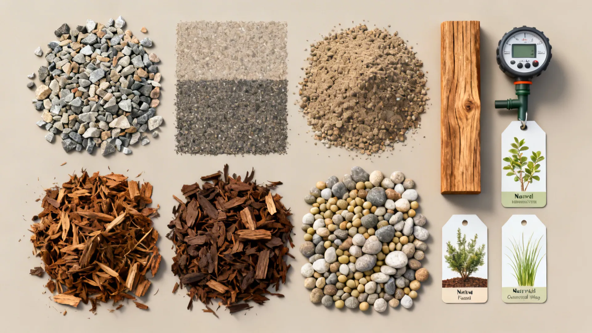 Flatlay of gravel, mulch, cedar sample and a drip irrigation timer for low-maintenance landscaping