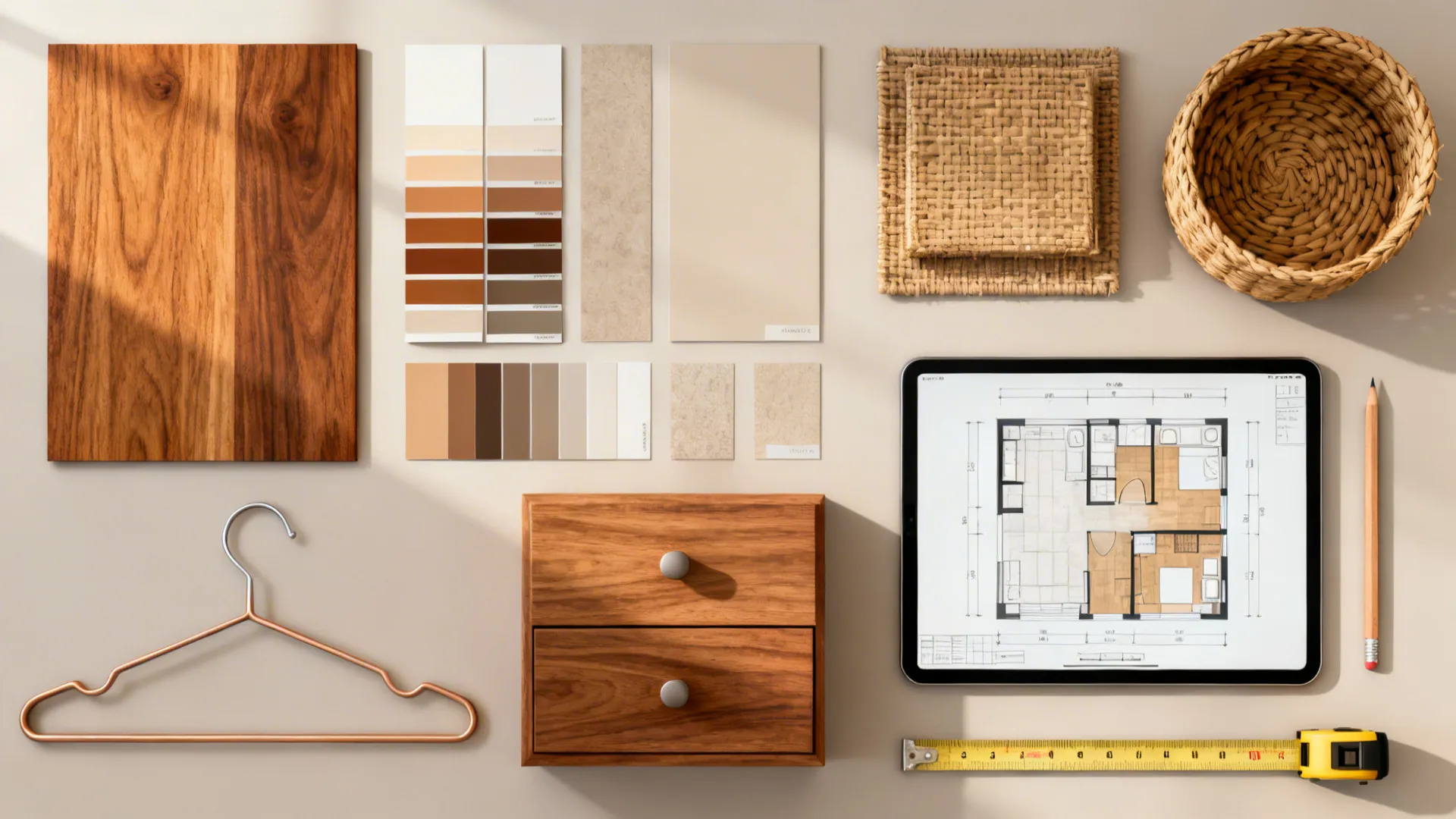 Flatlay of material swatches, hangers, baskets and a tablet with a 3D floor planner for closet design.