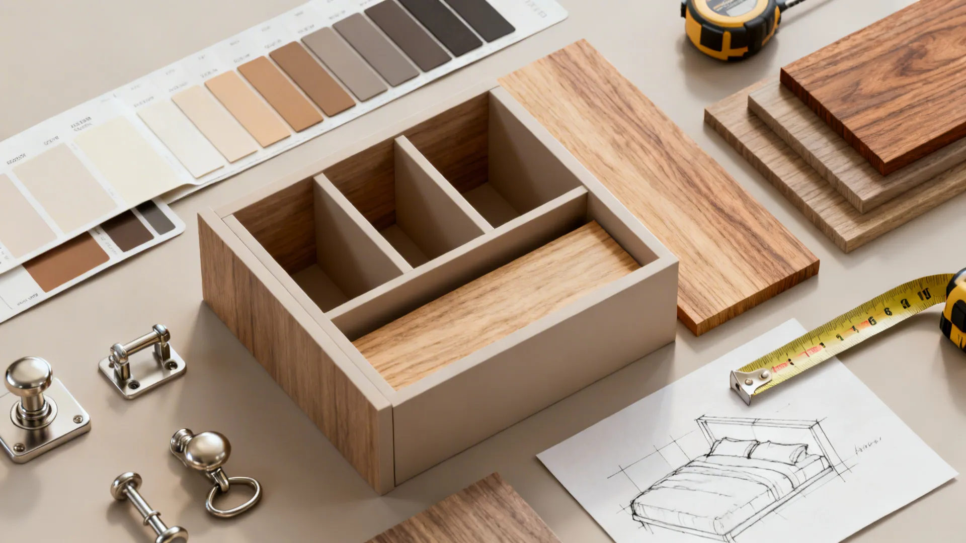 Flatlay of paint swatches, wood samples and hardware for budget built-in bedroom solutions