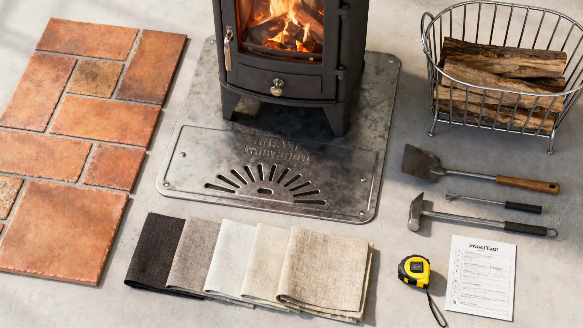 Flatlay of heat-rated tile samples, metal hearth plate, log basket, stove tools and fabric swatches.