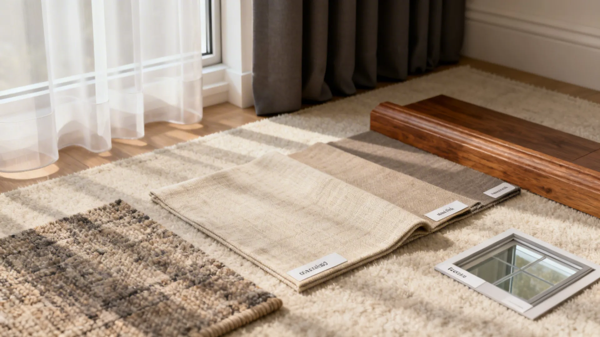 Flatlay of fabric swatches, rug sample, and curtain layers for a window-focused living room palette.