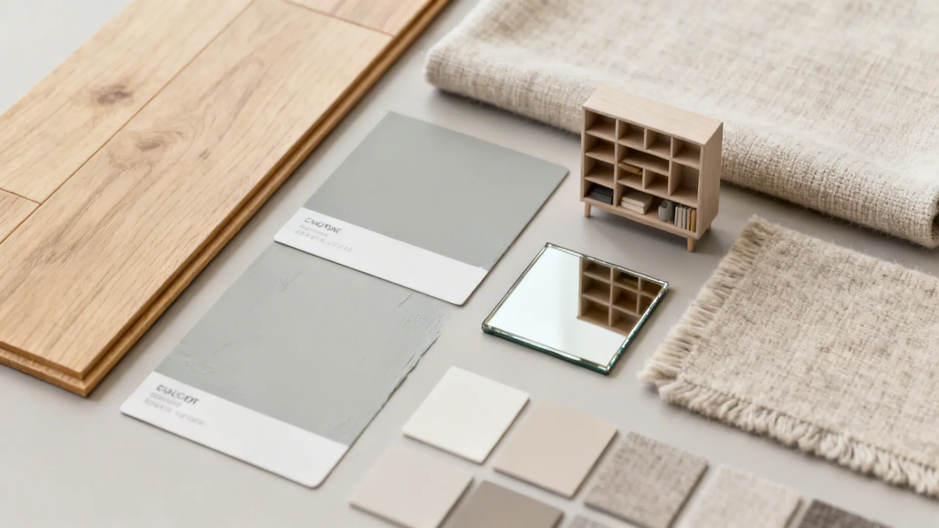 Flatlay of flooring, paint, and textile samples for a compact living room palette