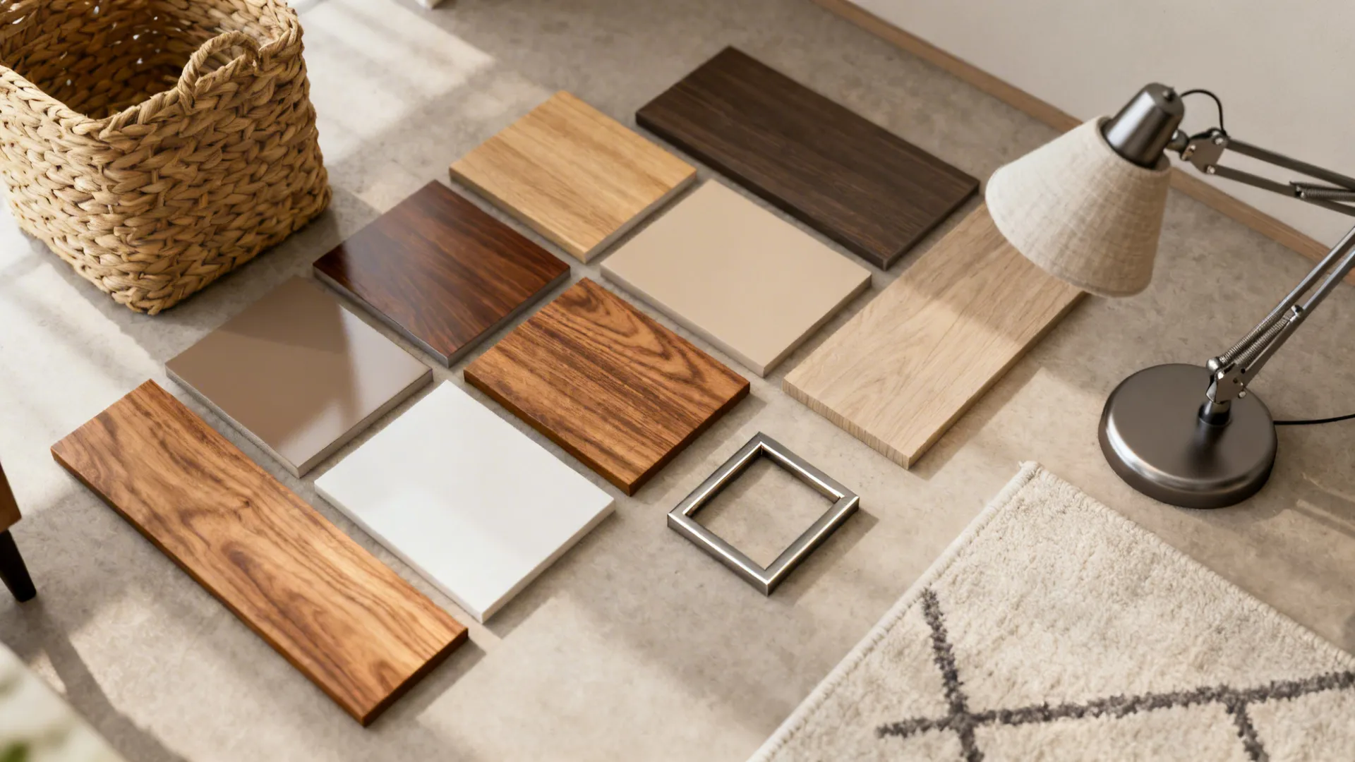 Flatlay of wood veneer, laminate swatches, metal frame and storage basket for desk design