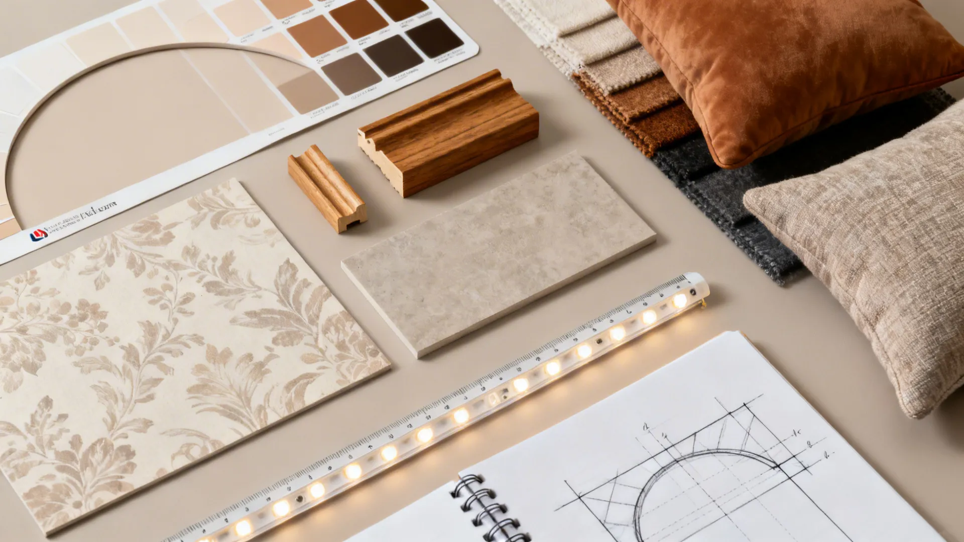 Interior design material board with wood samples, tile, pillows, color chart, and hand drawn floor plan