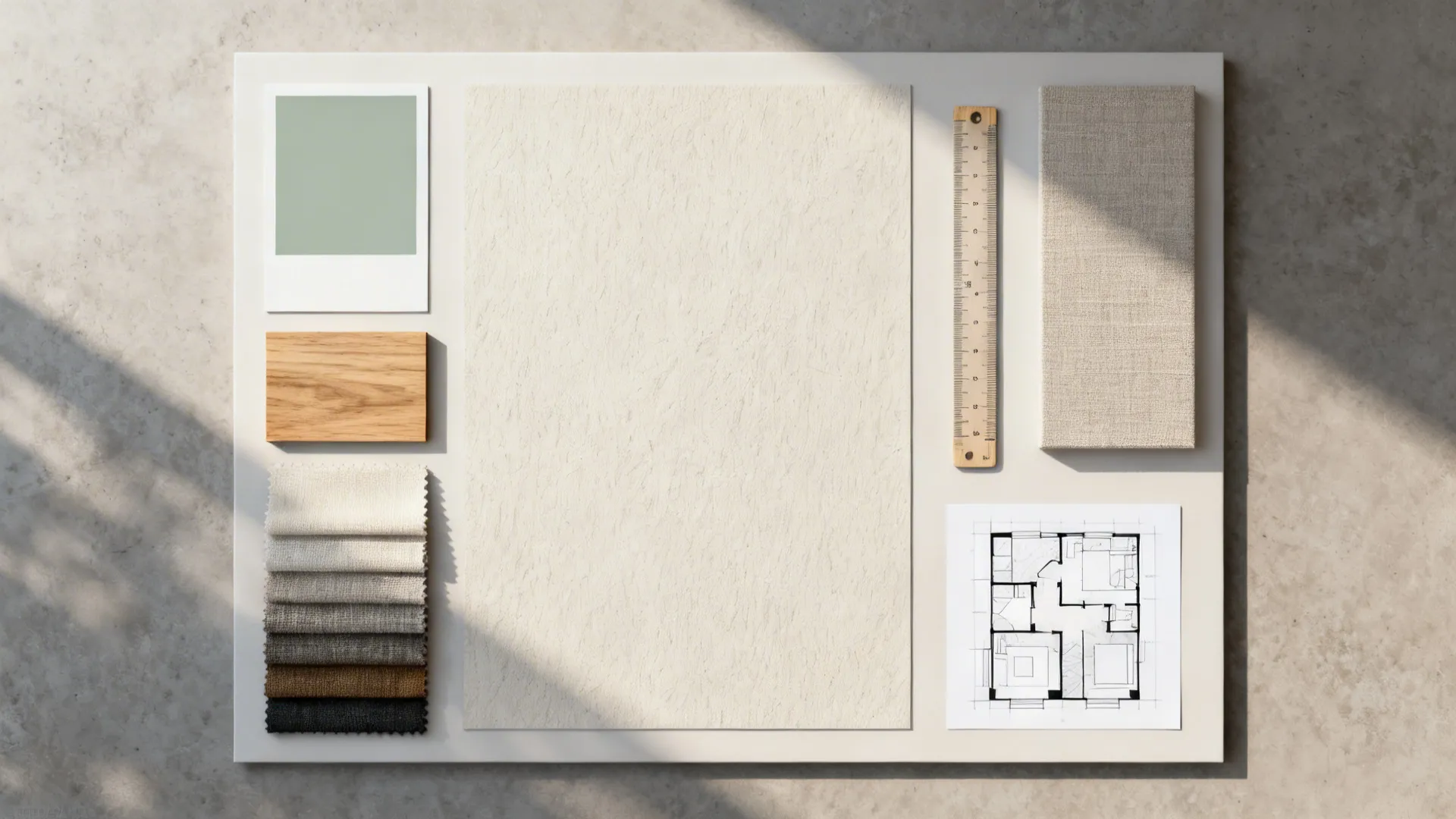 Flatlay of paint swatches, wood samples, textiles and a mini floor plan for small-space design palettes.
