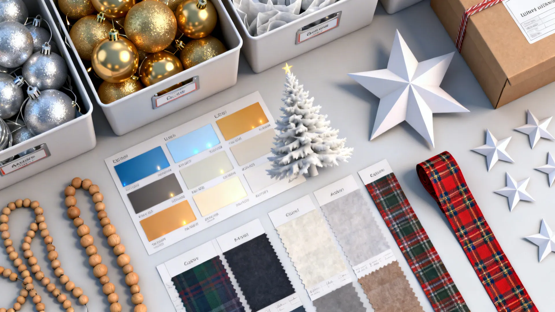 Flatlay of ornaments, ribbon swatches, LED samples and storage boxes for styling a white tree.