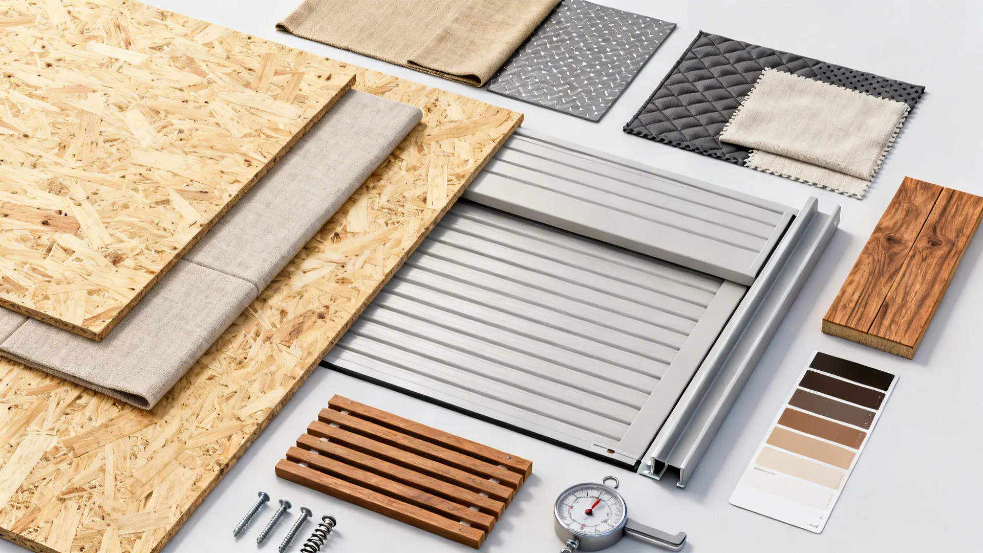 Flat lay collection of building materials including wood boards fabric swatches screws and brown palette