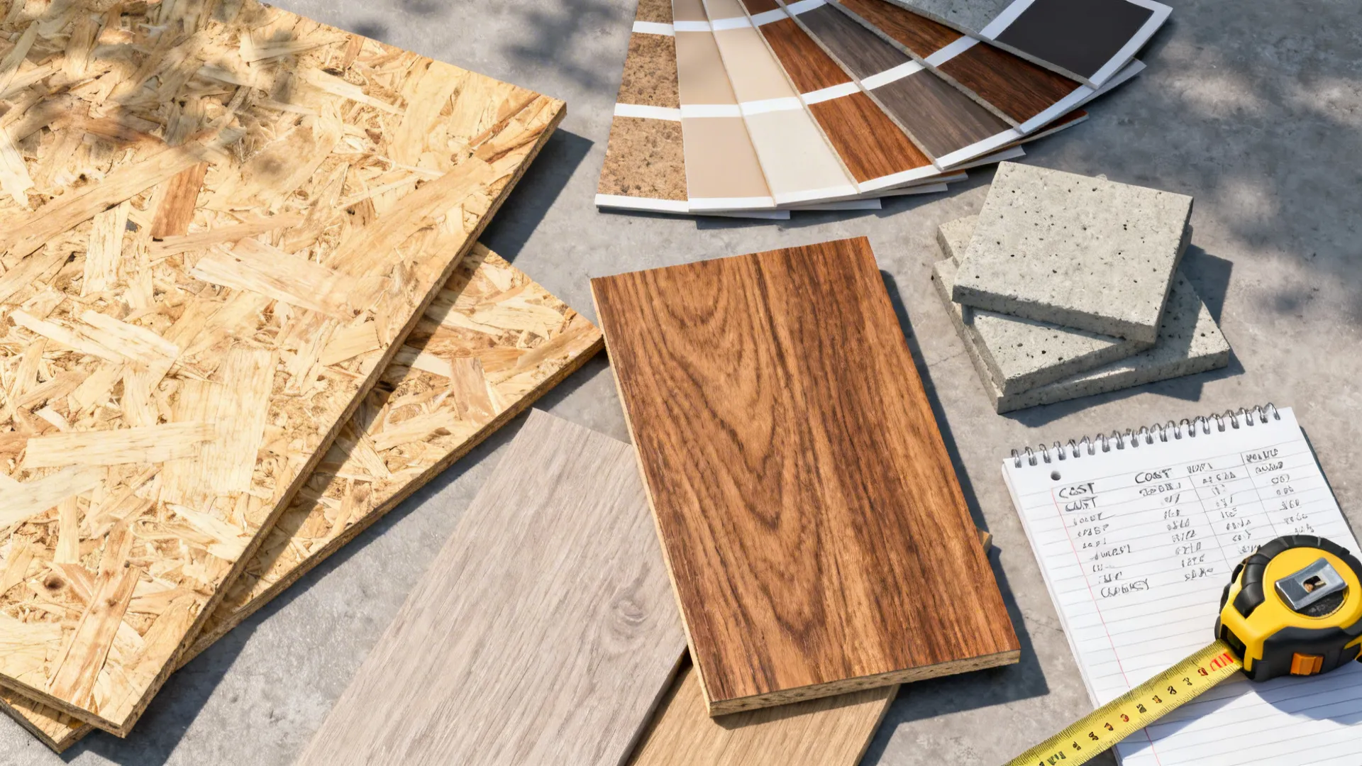 Flatlay of material samples, tape measure, and budget notes for wall finishes.