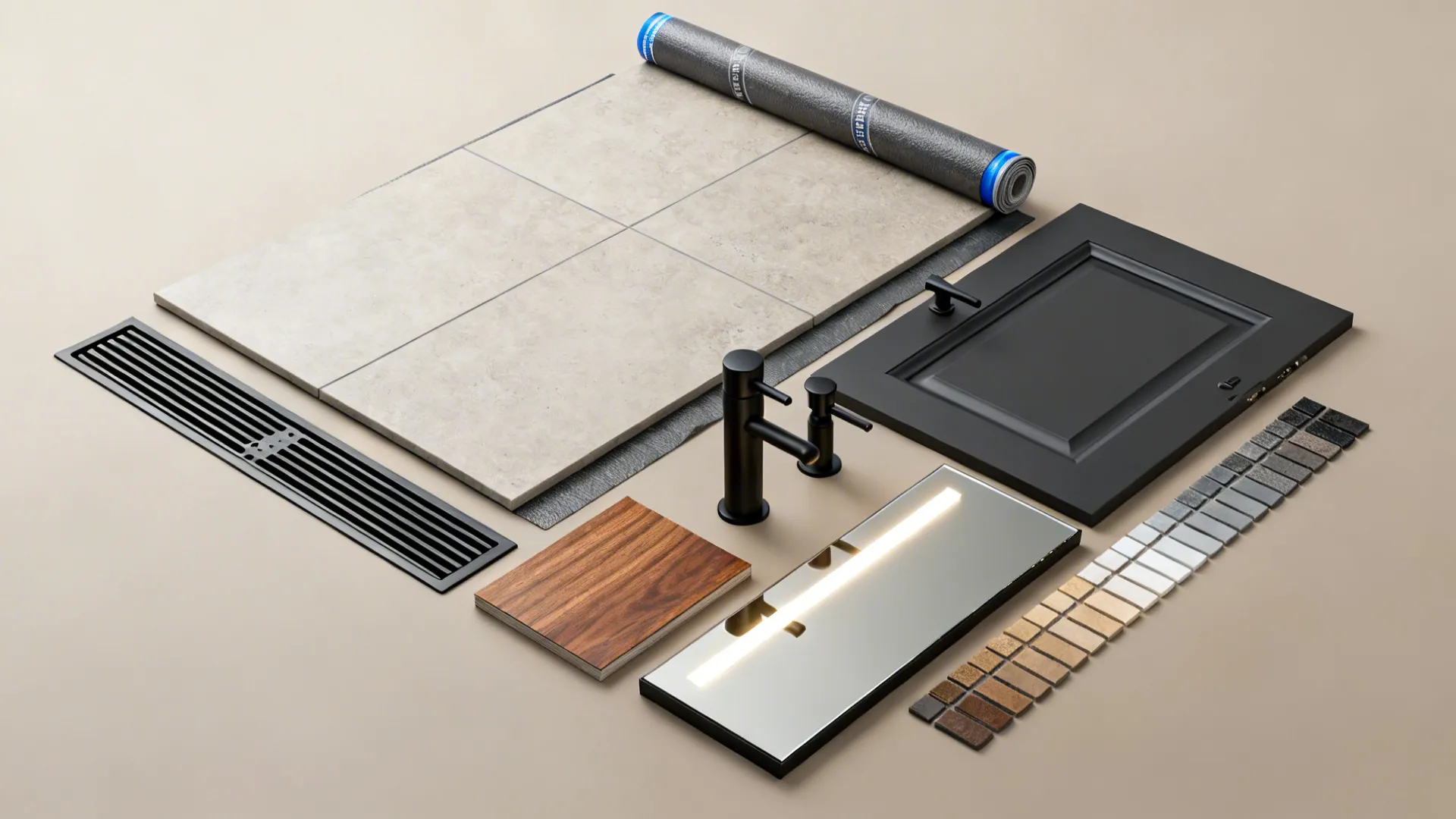Flatlay of tile, waterproofing, linear drain and fixture samples for a small bathroom renovation.