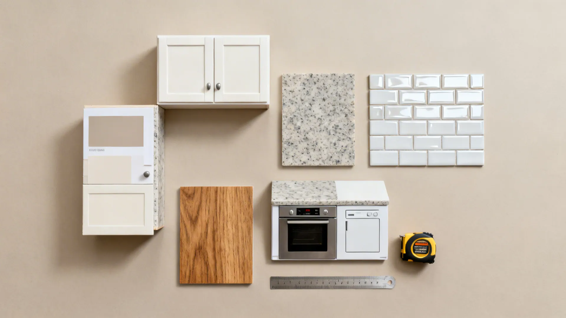 Top-down flatlay of cabinet, countertop, and tile samples for planning a small L-shaped kitchen
