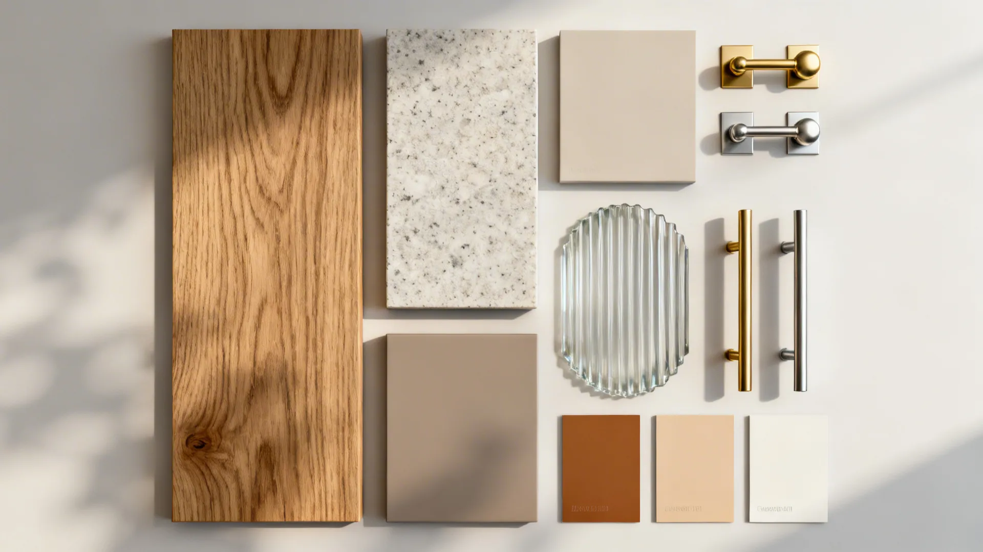 Flat lay of oak veneer, honed stone, matte lacquer, fluted glass, and brass hardware samples.