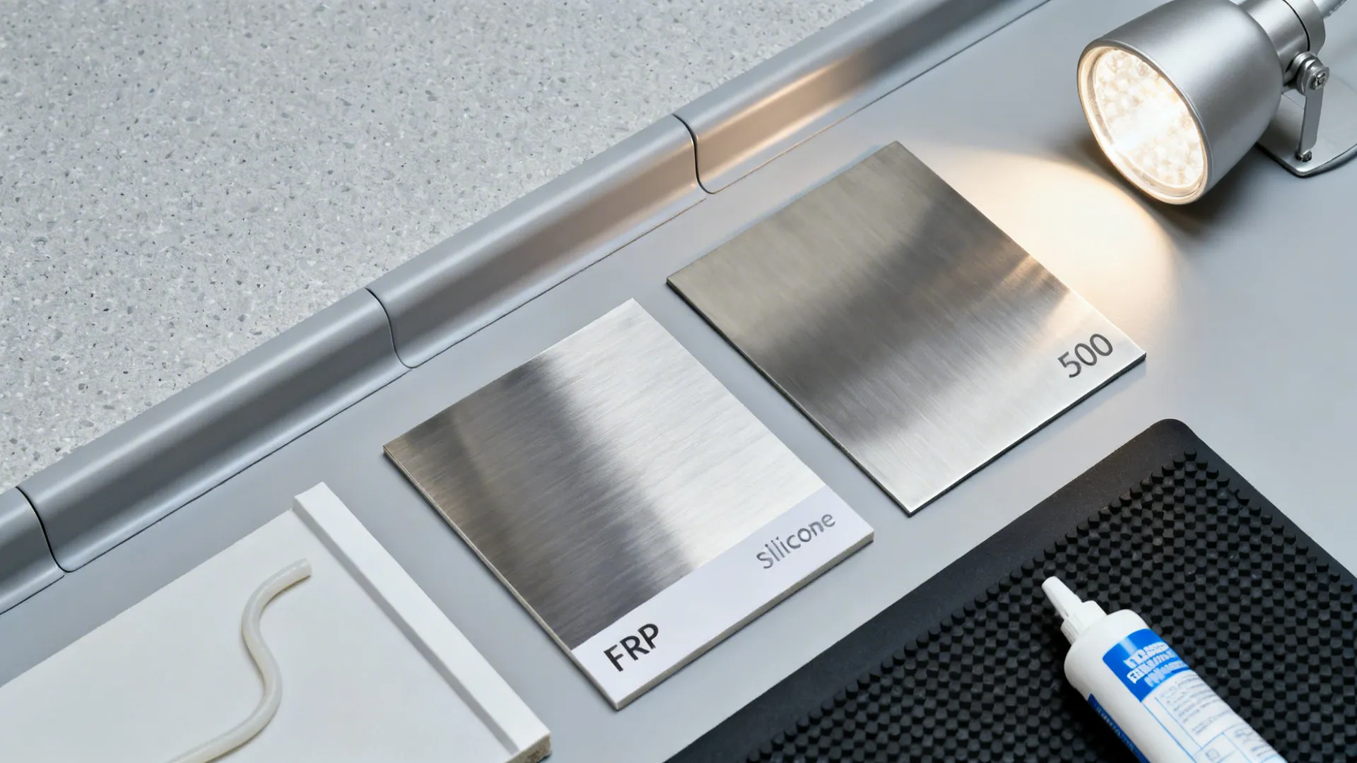 Flat lay of coved epoxy floor sample, stainless steel, FRP panel, sealant, and anti-fatigue mat.