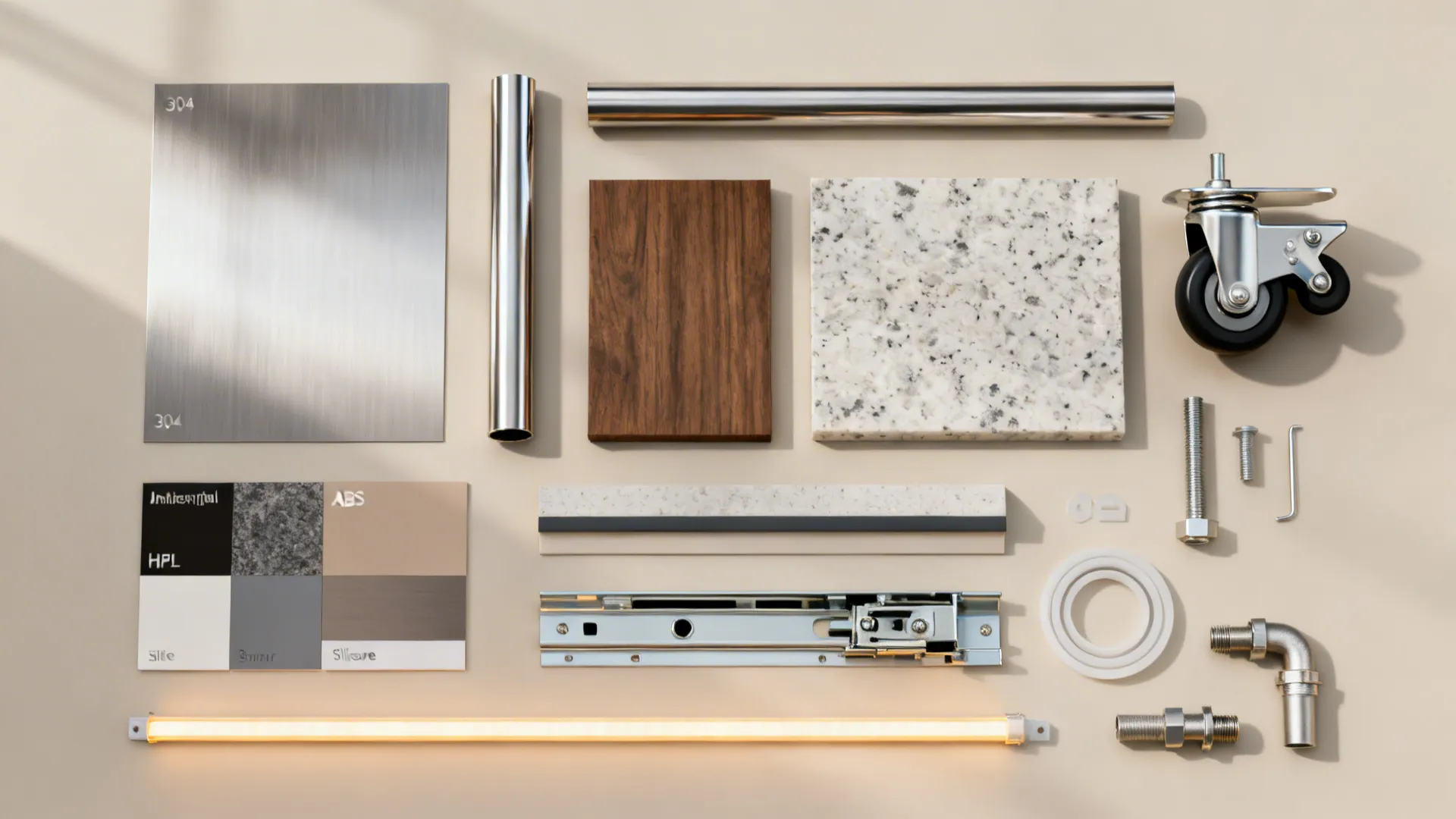 Flat lay of stainless, antimicrobial HPL, quartz, ABS edging, casters, slides, and quick-connect fittings.