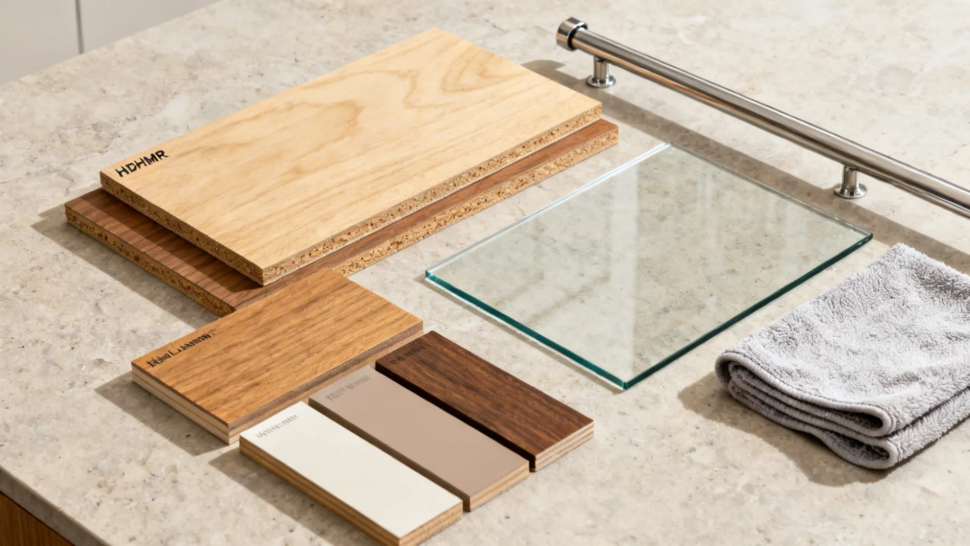 Flat lay of laminate over HDHMR, marine ply, tempered glass, and stainless rail hardware.
