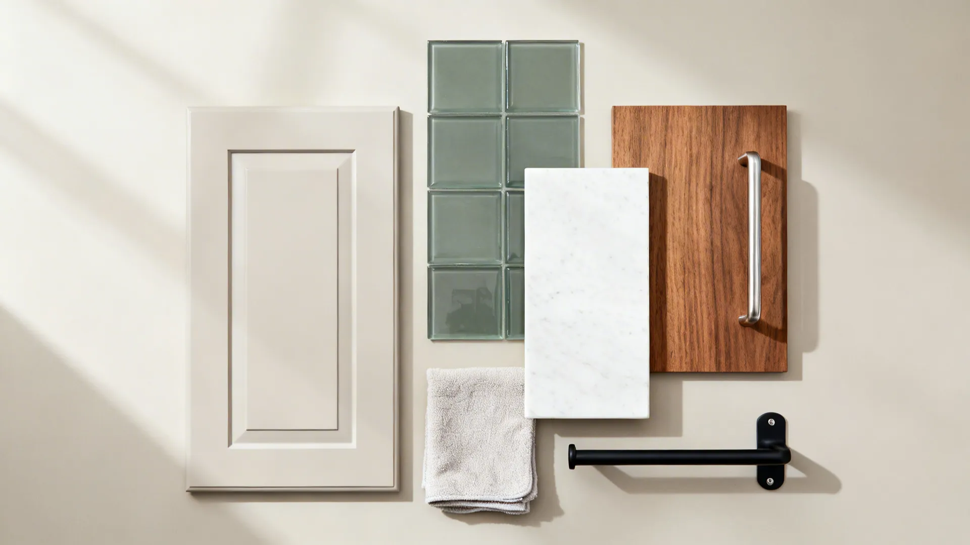 Flatlay of cabinet door, glass backsplash sample, white quartz, walnut veneer, and hardware.