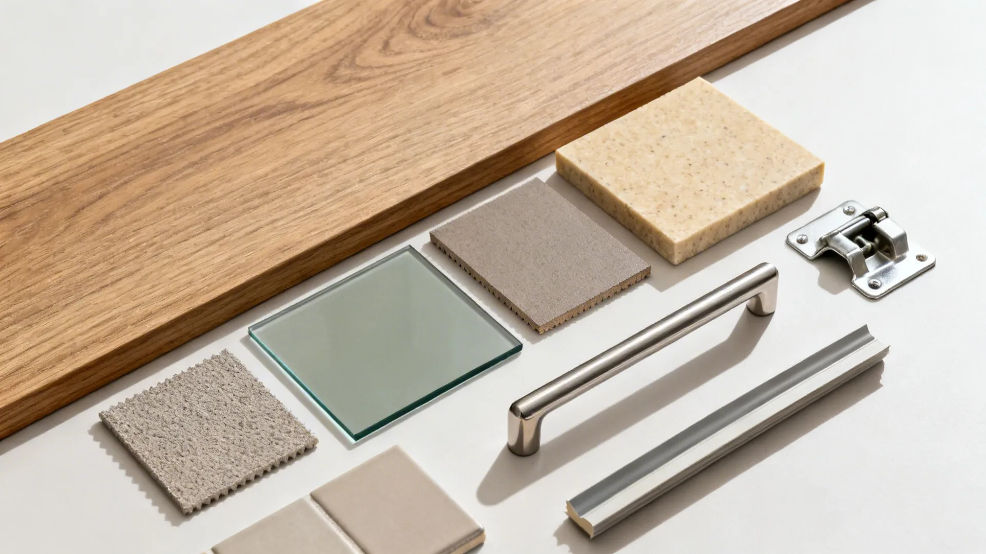 Flat lay of oak-look laminate, taupe laminate, beige quartz, sage glass, hardware, and tile.