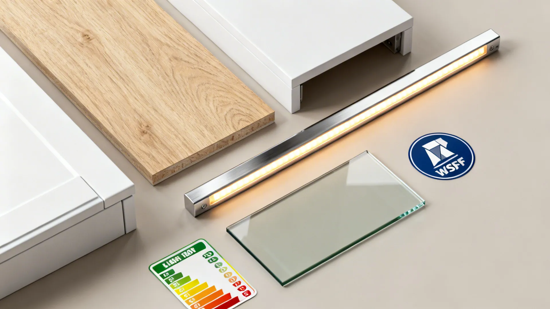 Flat lay of light oak, matte white, brushed stainless, and low-iron glass samples for compact kitchens.