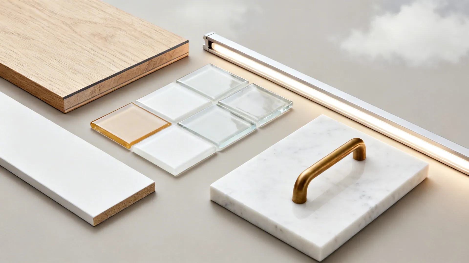 Flat lay of pale oak veneer, back-painted glass, matte white cabinet chip, quartz, brass pull, and LED profile.