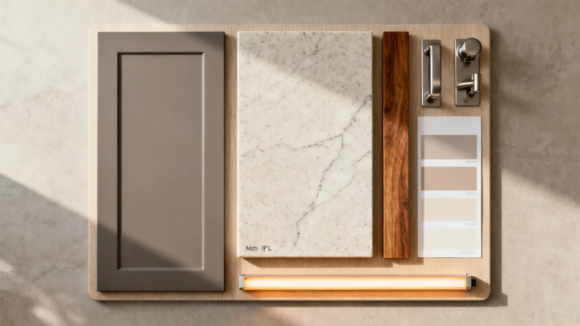 Flat lay of matte laminate, light quartz, warm wood, hardware, and neutral paint swatches.