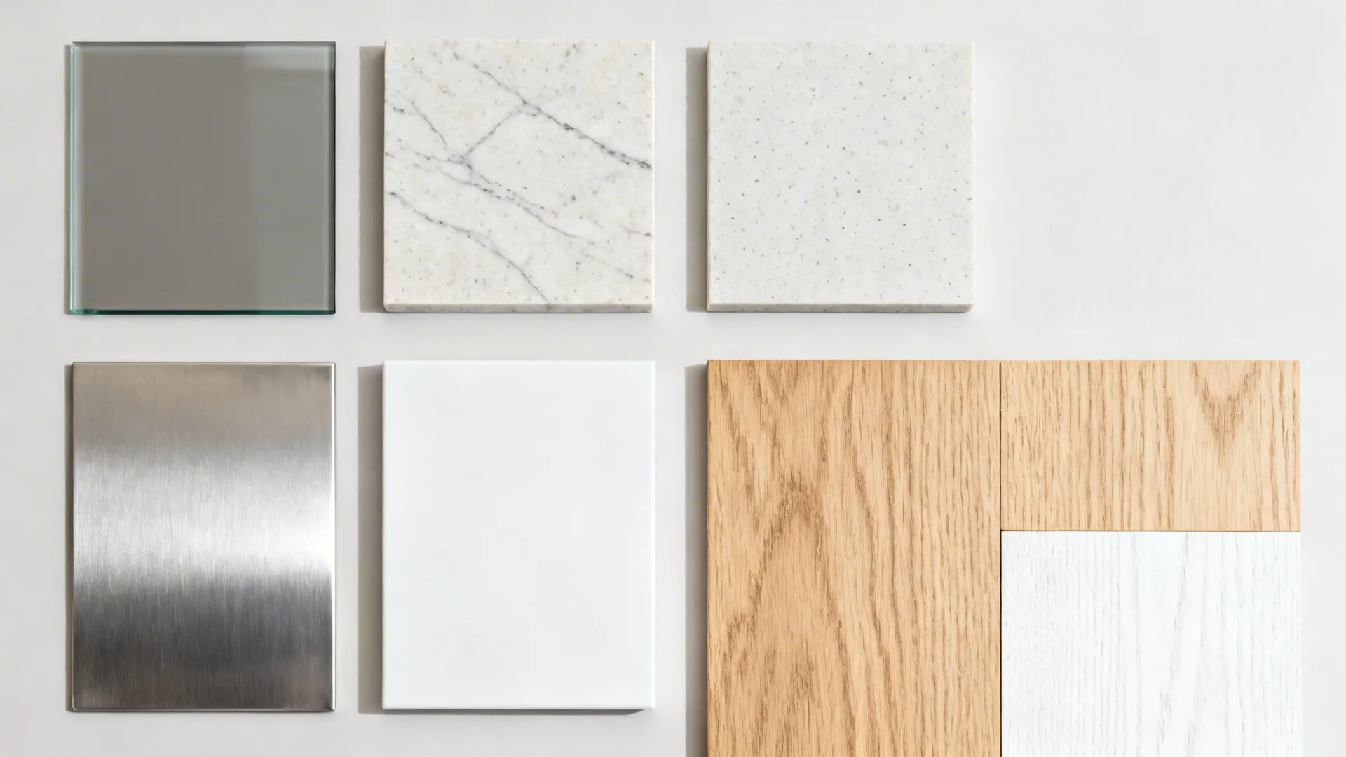 Top-down material board with low-iron glass, light quartz, matte white finish, stainless, and oak veneer.