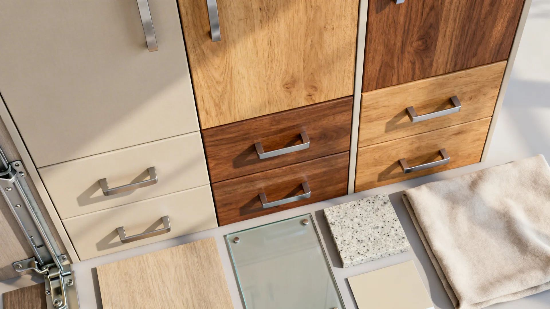 Flat lay of matte neutral panels, wood veneer, metal hardware, glass, and quartz samples.