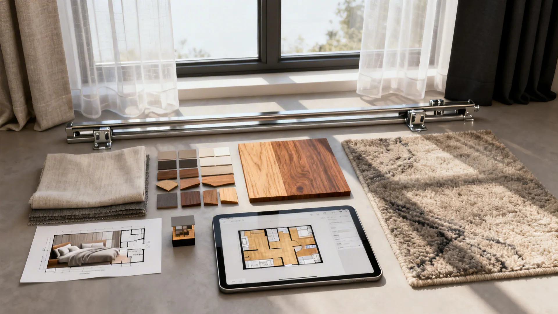 Flatlay of fabric swatches, wood samples, rug texture and a 3D floor plan for window-side bed planning