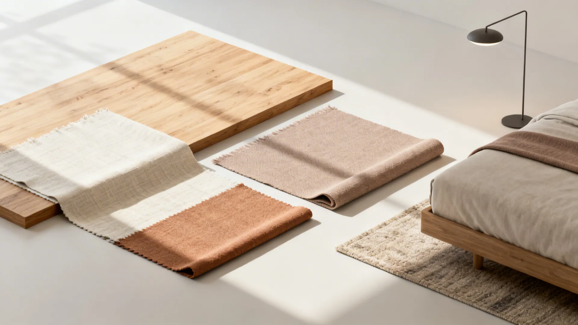 Material and color samples for small bedroom: wood, linen, warm textiles, pendant lighting