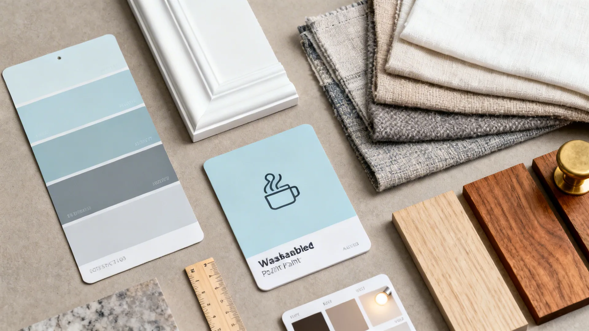 Flatlay of light blue paint chips, white trim, fabric swatches, wood and brass samples.