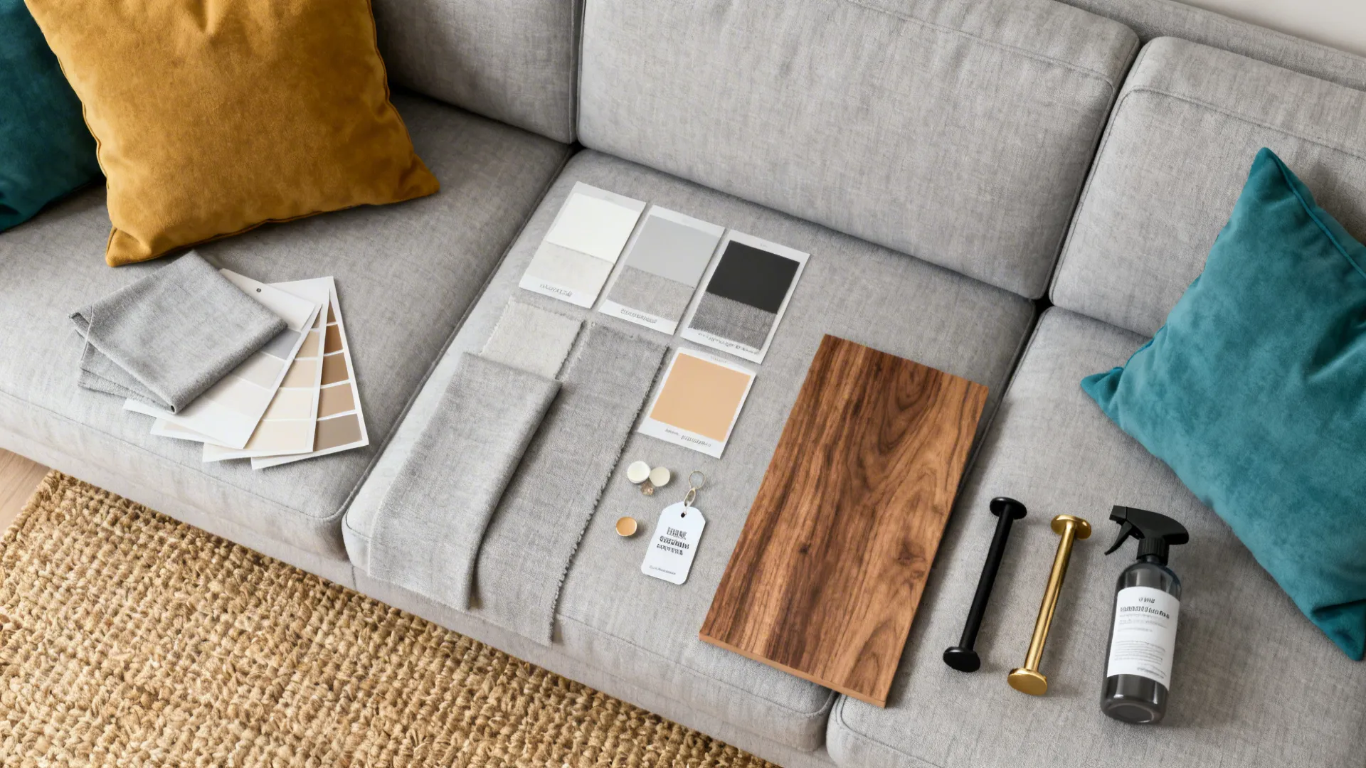 Collection of interior design material samples and color palettes displayed on a grey fabric sofa