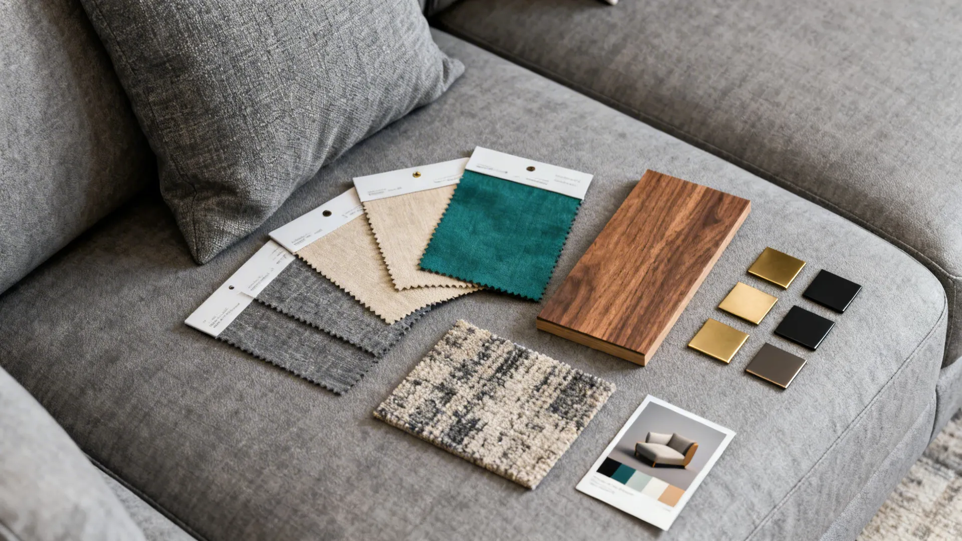 Interior design material samples including fabric swatches wood plank metal tiles and a small rug