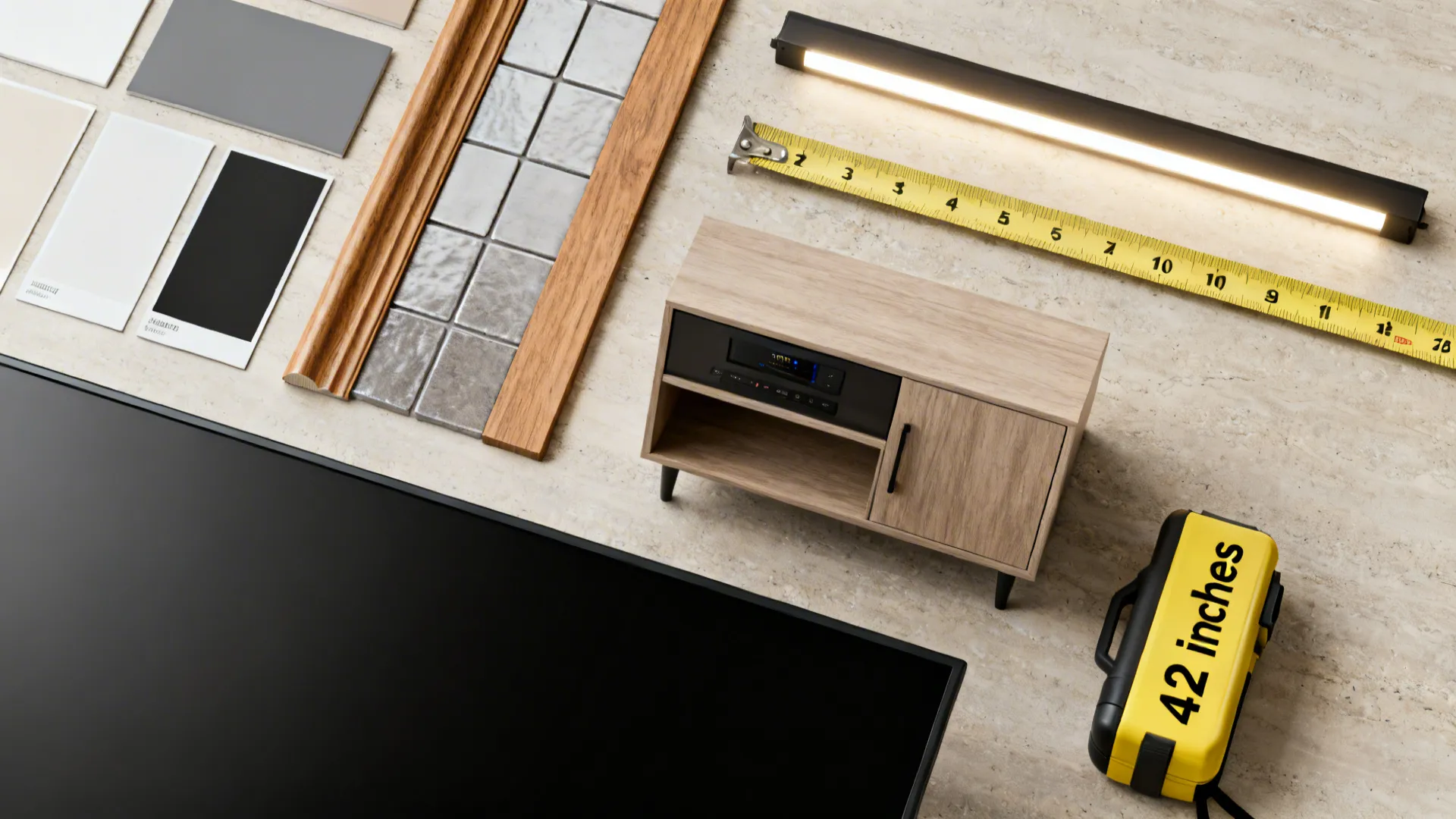 Flatlay of material swatches and tools for planning fireplace and TV installations, including matte paint and tile.