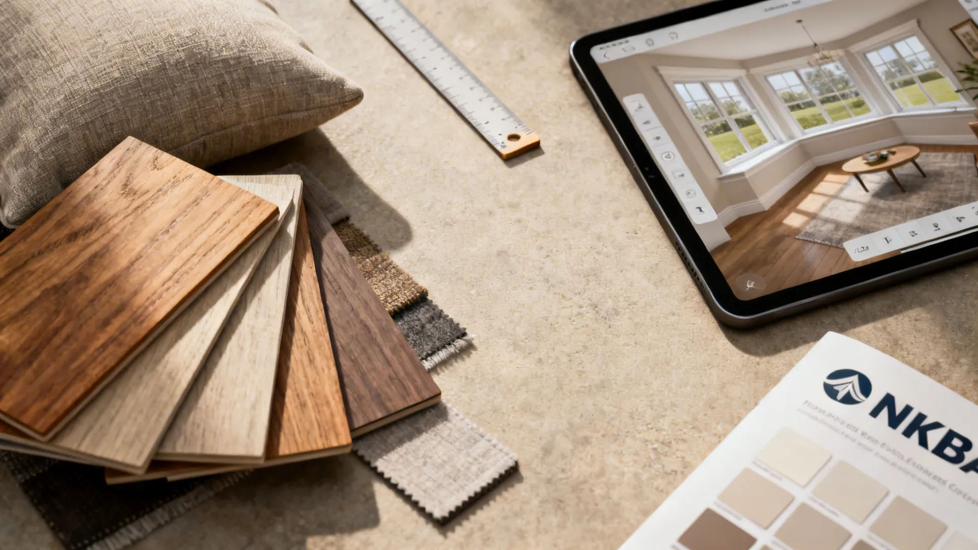 Flatlay of material samples, fabric swatches and a tablet showing a 3D room planner for bay window design