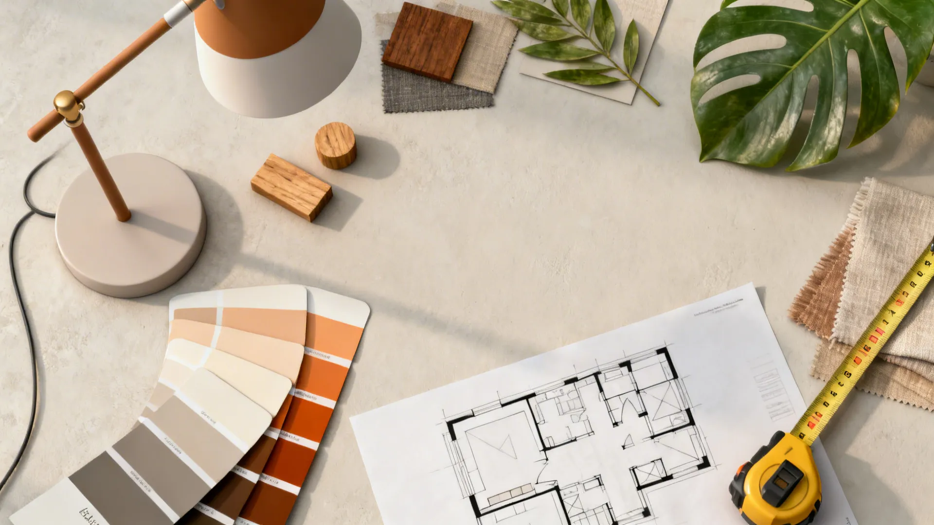 Flatlay of paint swatches, fabric samples and a simple floor plan for planning a corner makeover