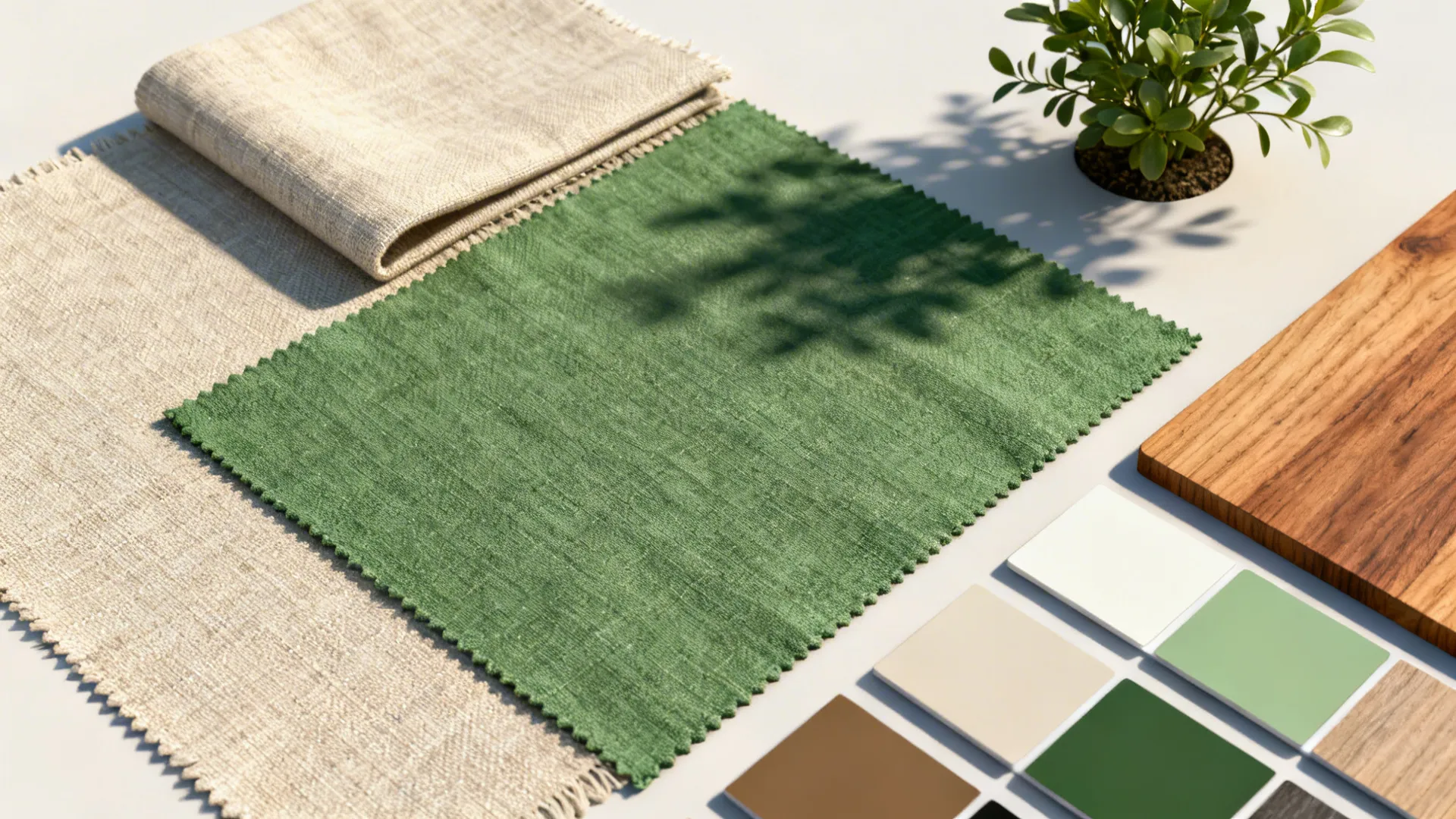 Flatlay of fabric swatches, wood samples and paint chips for bay window styling.