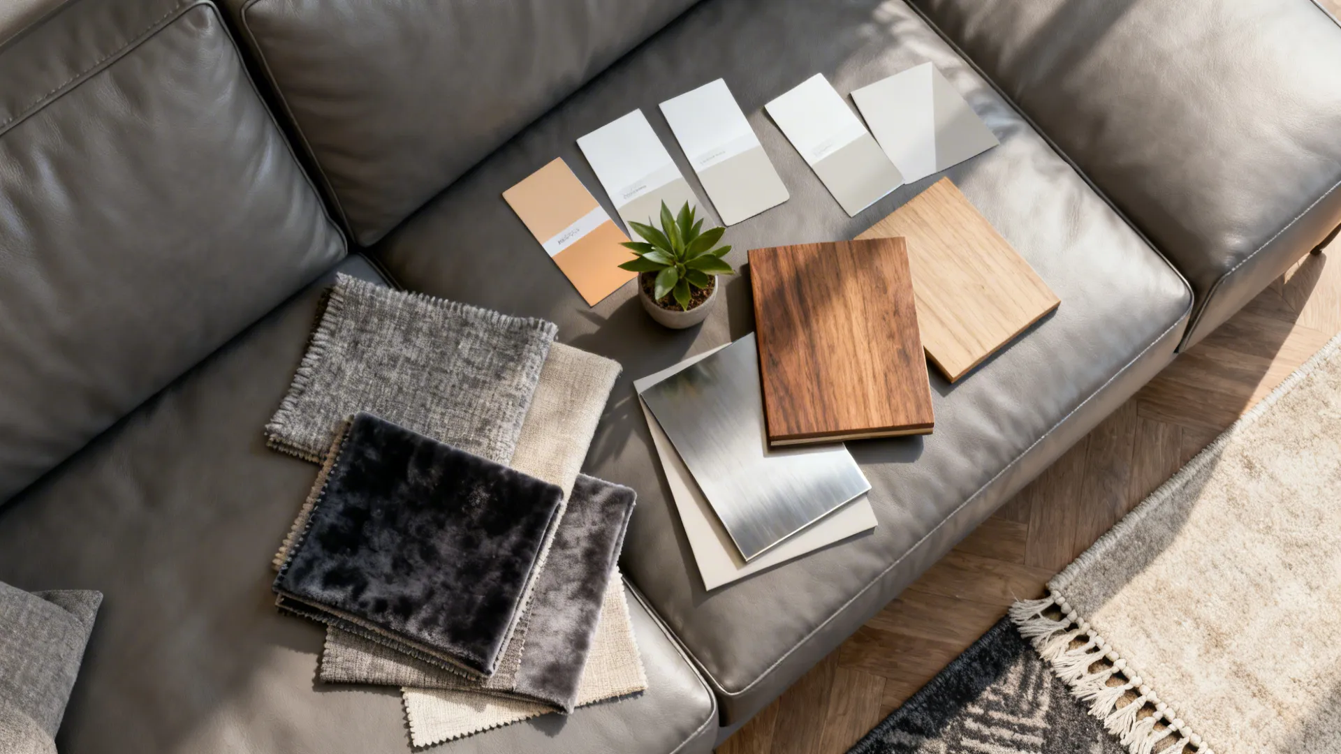Top-down flatlay of fabric swatches, paint chips and material samples for styling a grey leather couch
