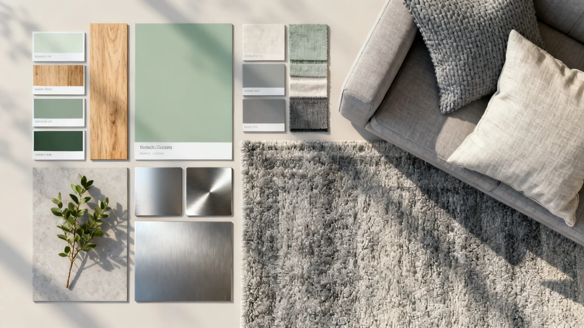 Flatlay of paint chips, wood and textile samples for a sage and grey palette