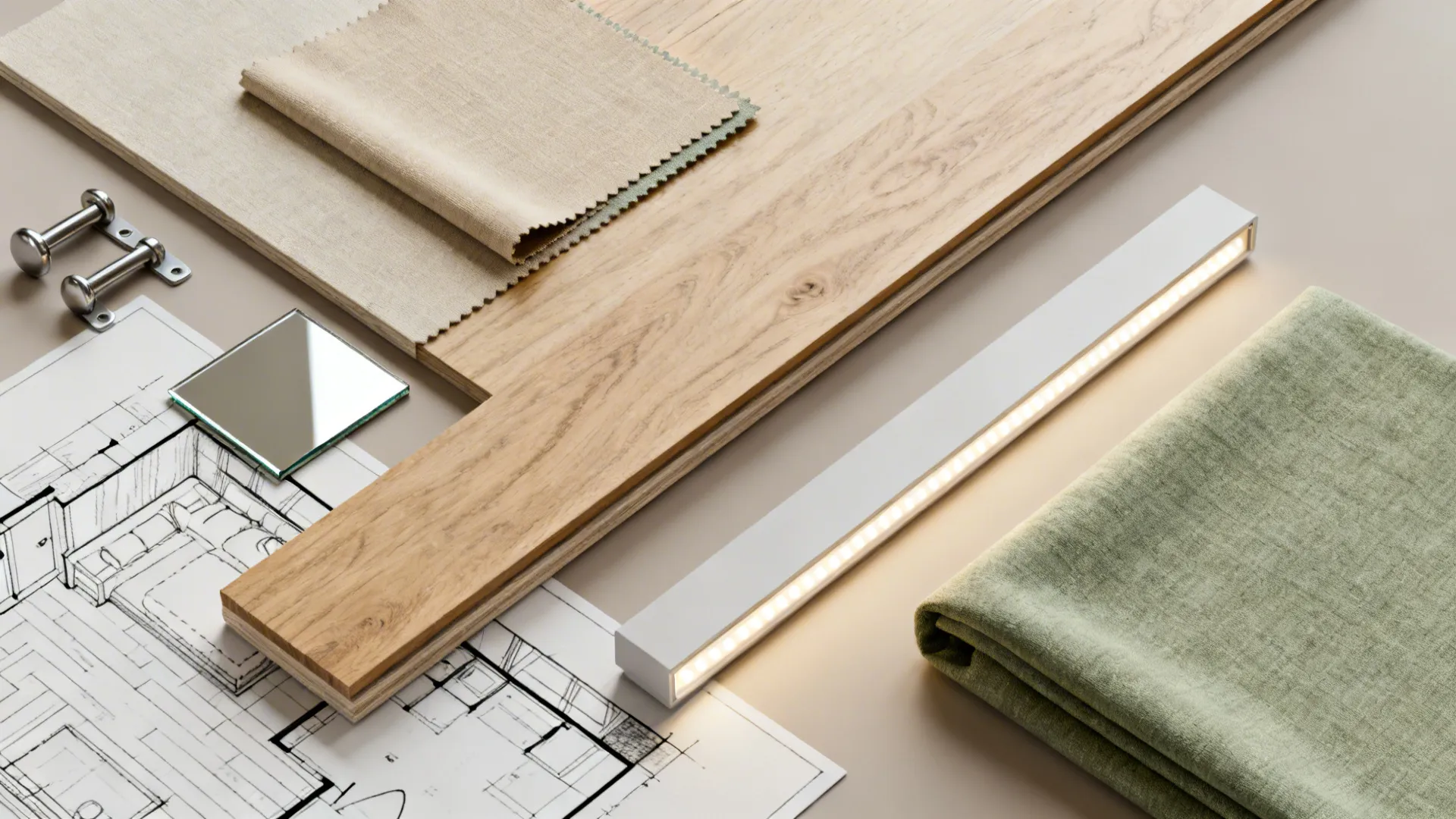 Flatlay of light wood, neutral fabric swatches, mirror tile and LED strip representing a narrow bedroom palette.