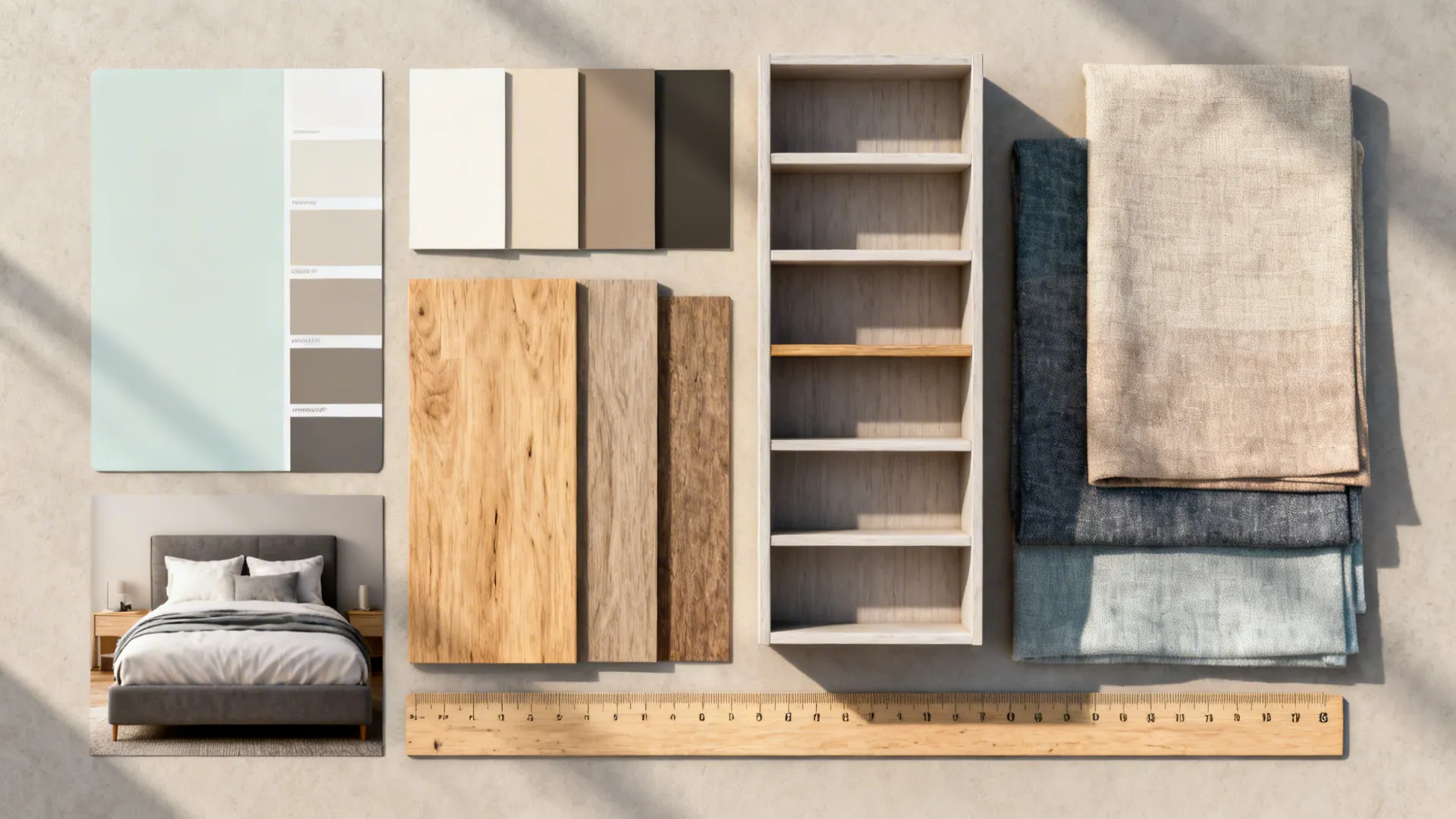 Material flatlay of paint, wood, and fabric swatches for small bedroom design planning.