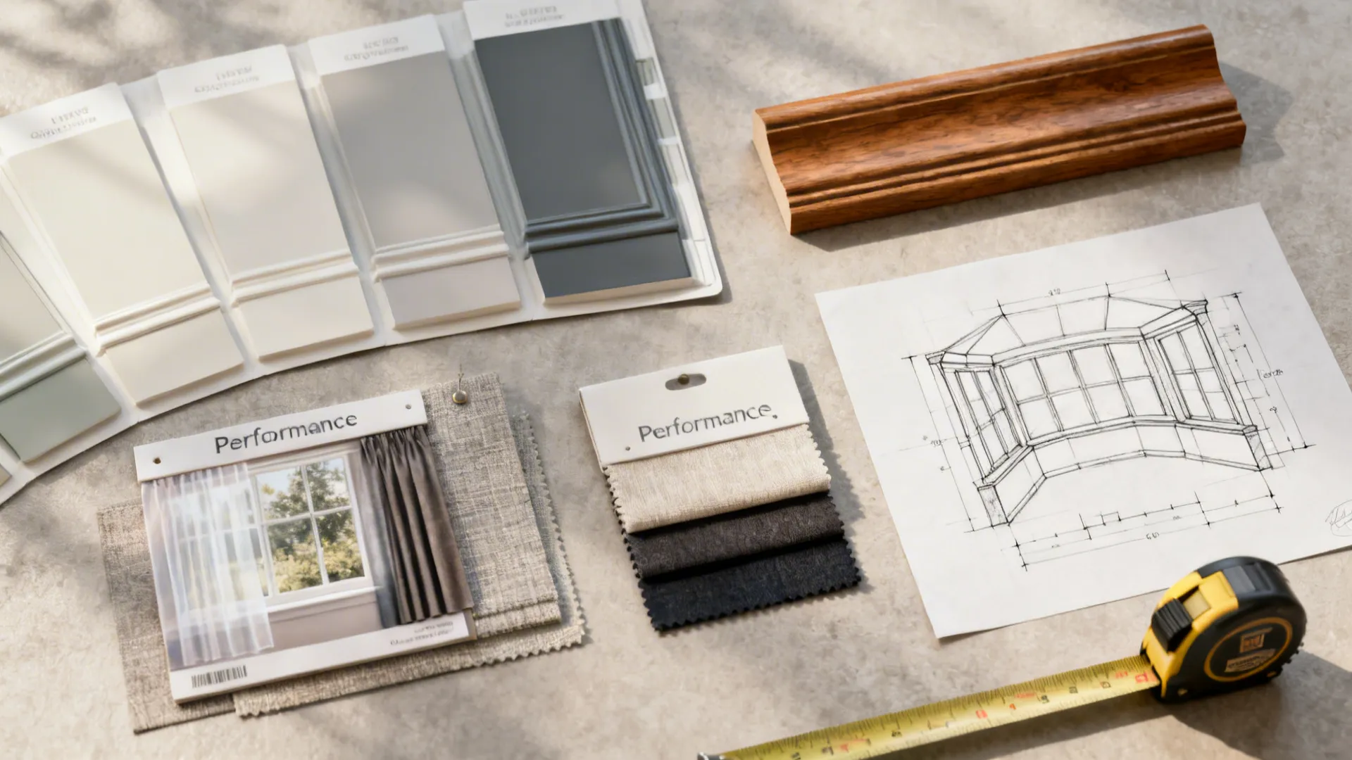Interior design items including wall panels, fabric samples, wood molding, window sketch, and measuring tape