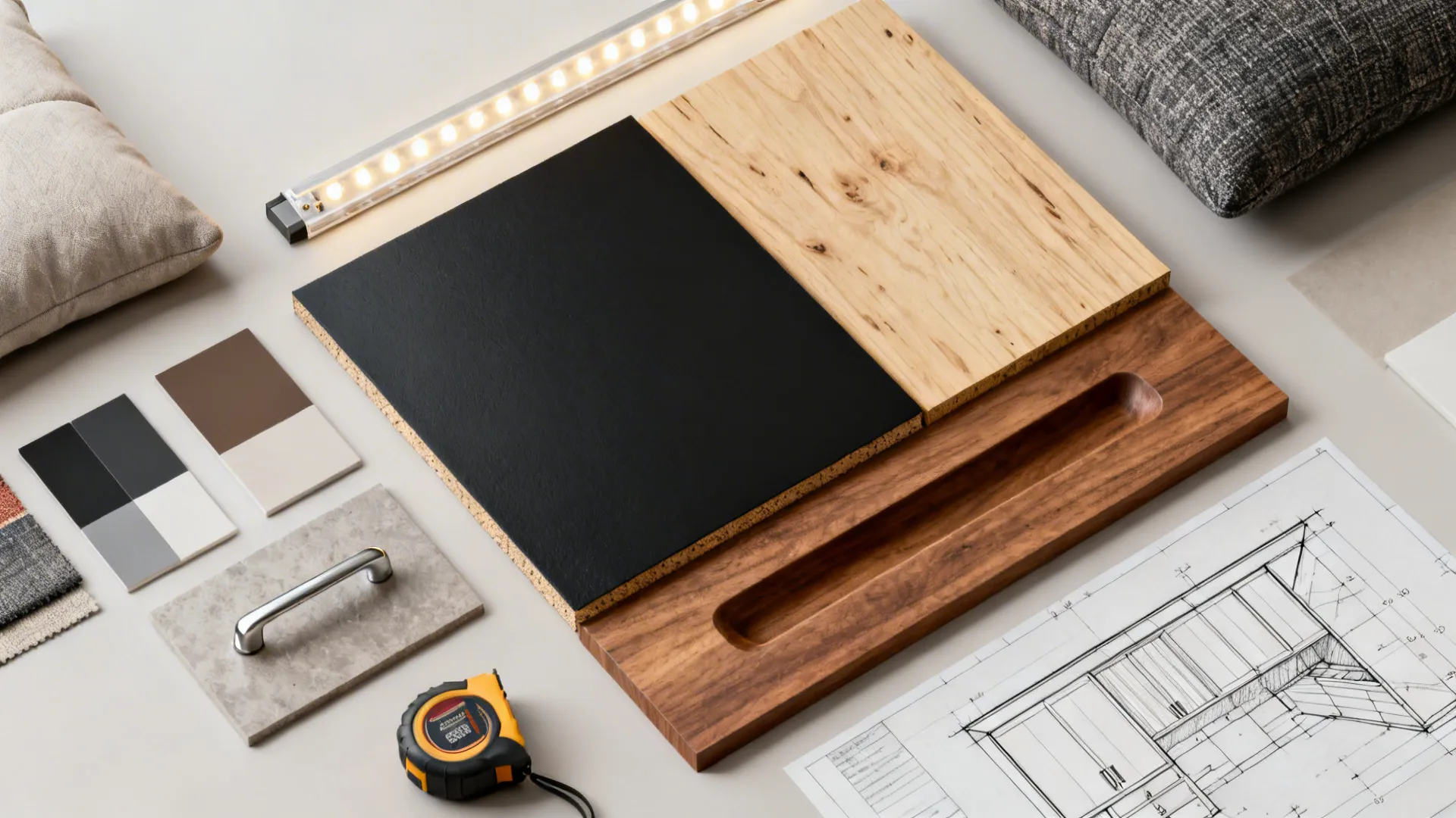 Flatlay of cabinetry material samples, hardware, and LED strip for built-ins.