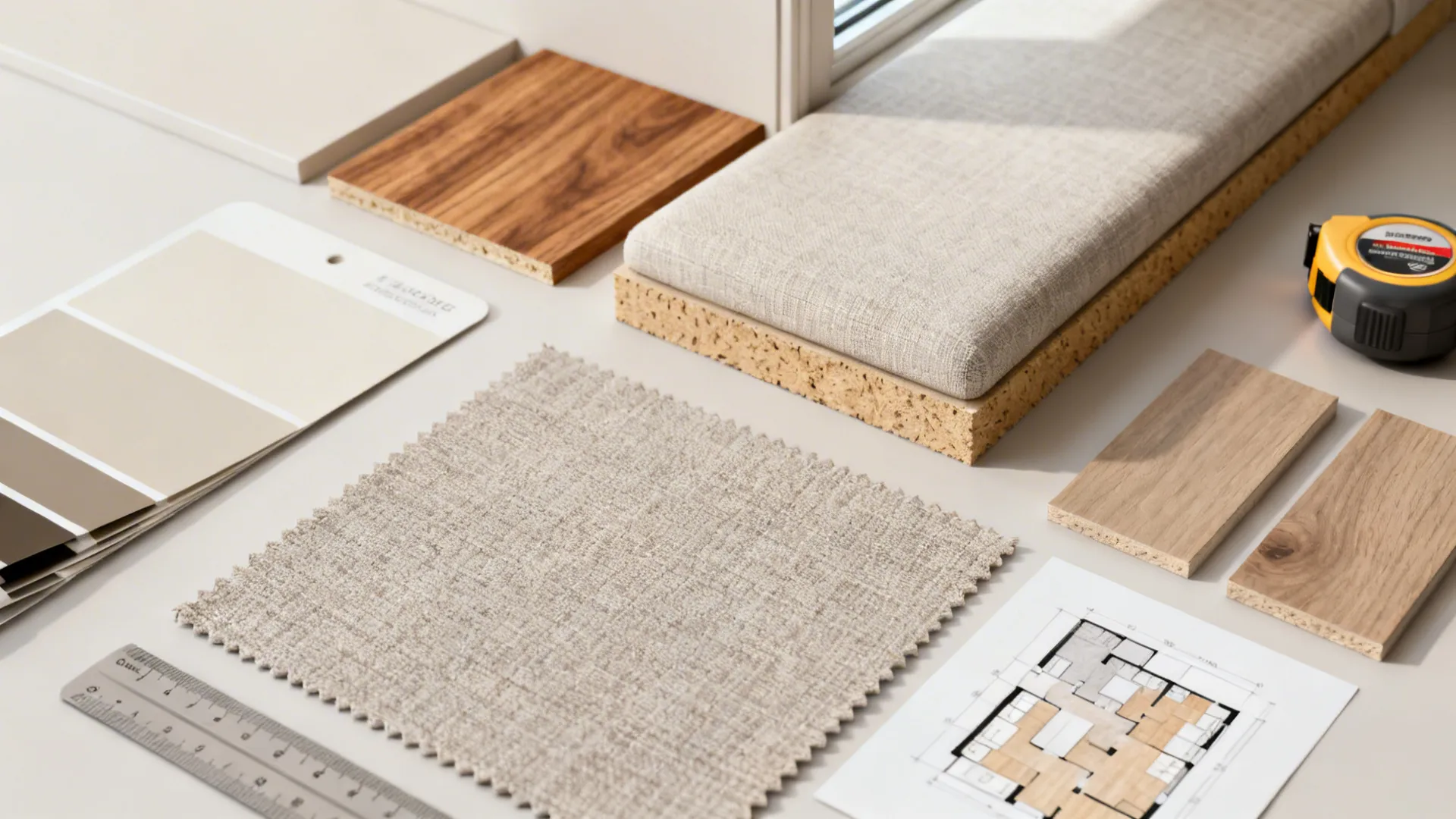 Interior design drawing with wood samples fabric swatches paint colors a ruler and measuring tape