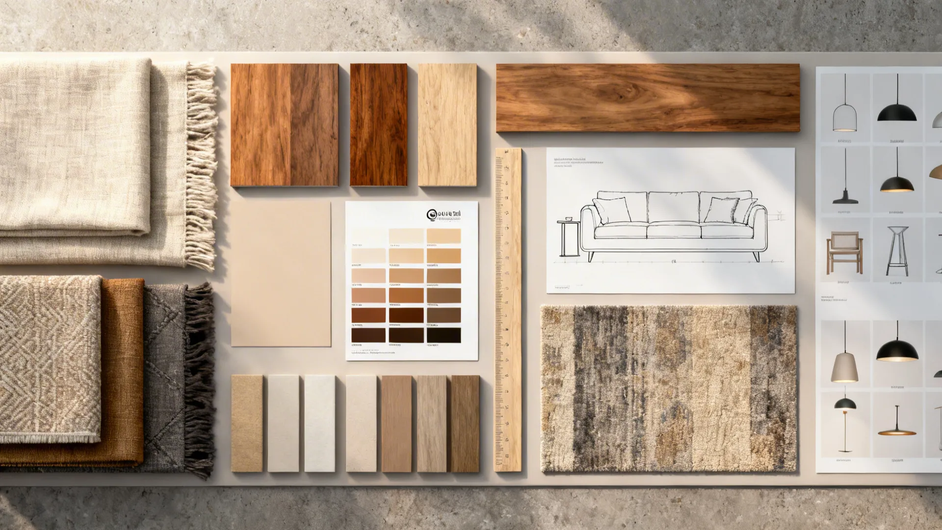 Interior design material board with wood samples fabric swatches color palette and light fixture catalog