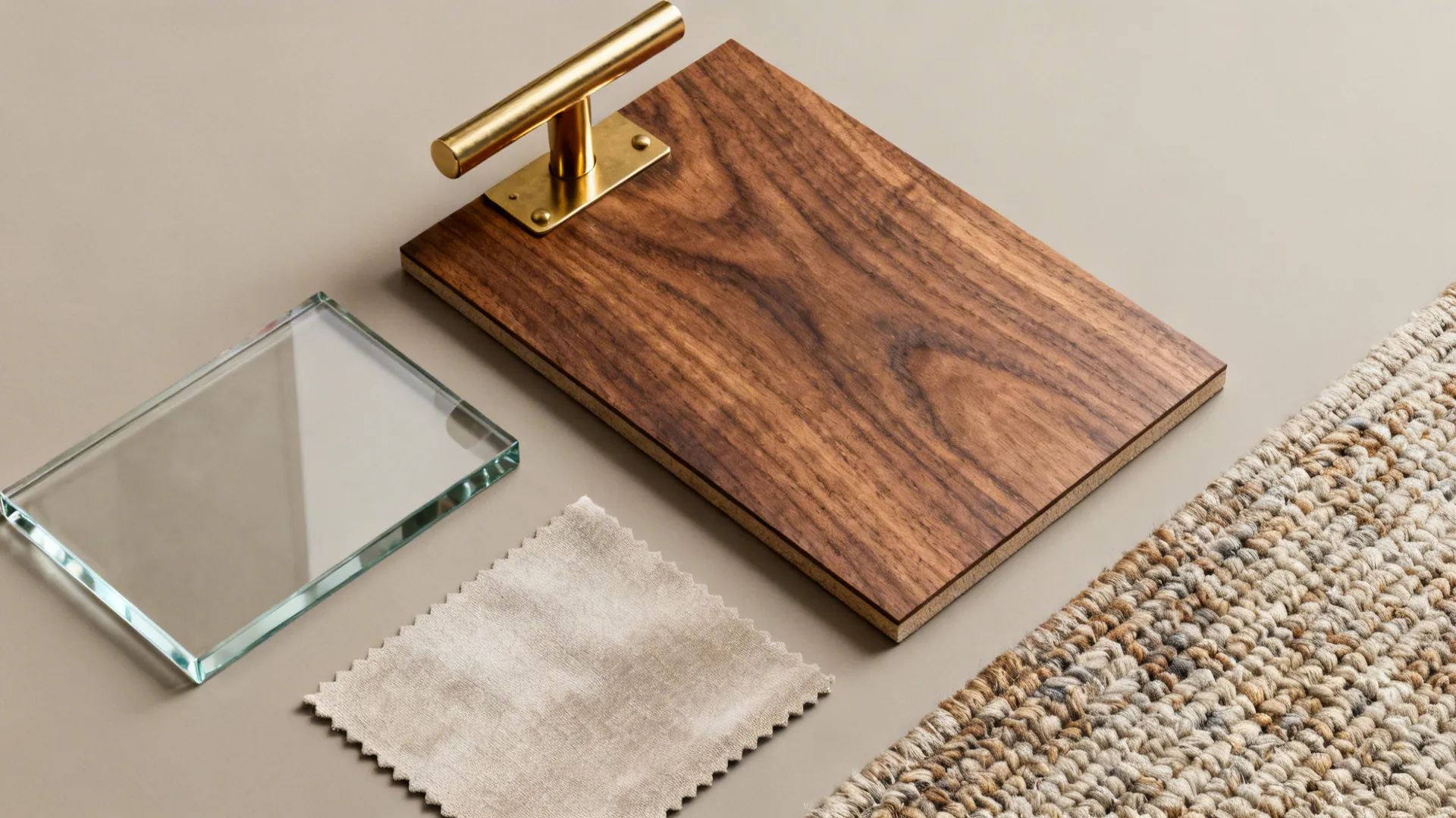 Flatlay of walnut wood, brass, glass and fabric swatches for a modern interior palette.