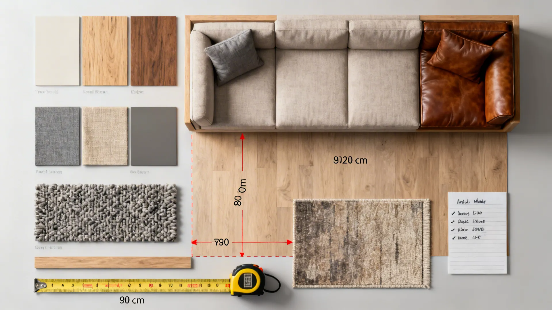 Flatlay of fabric swatches, wood samples, and a tape measure illustrating modular sectional planning tips.