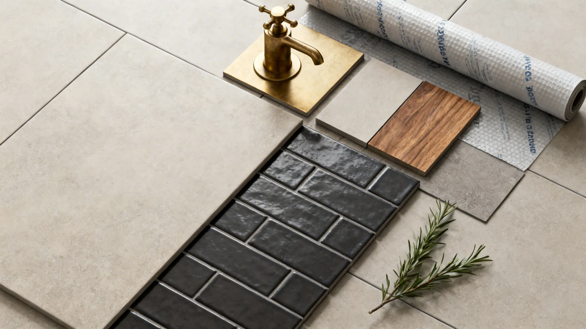 Flatlay of tile samples, brass finish, wood swatch and waterproofing materials for shower design.