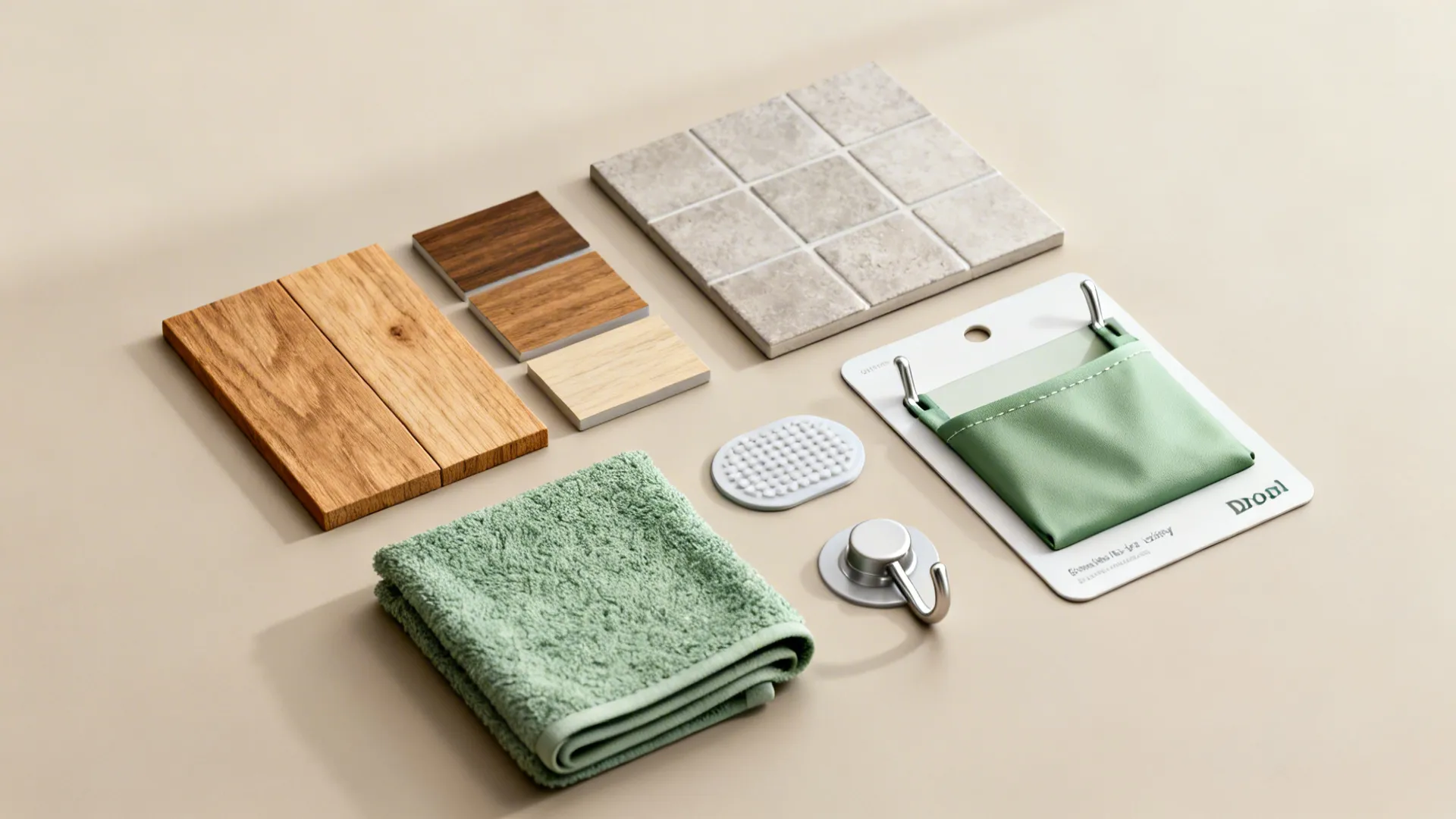 Flatlay of material samples and accessories for towel storage in tiny bathrooms