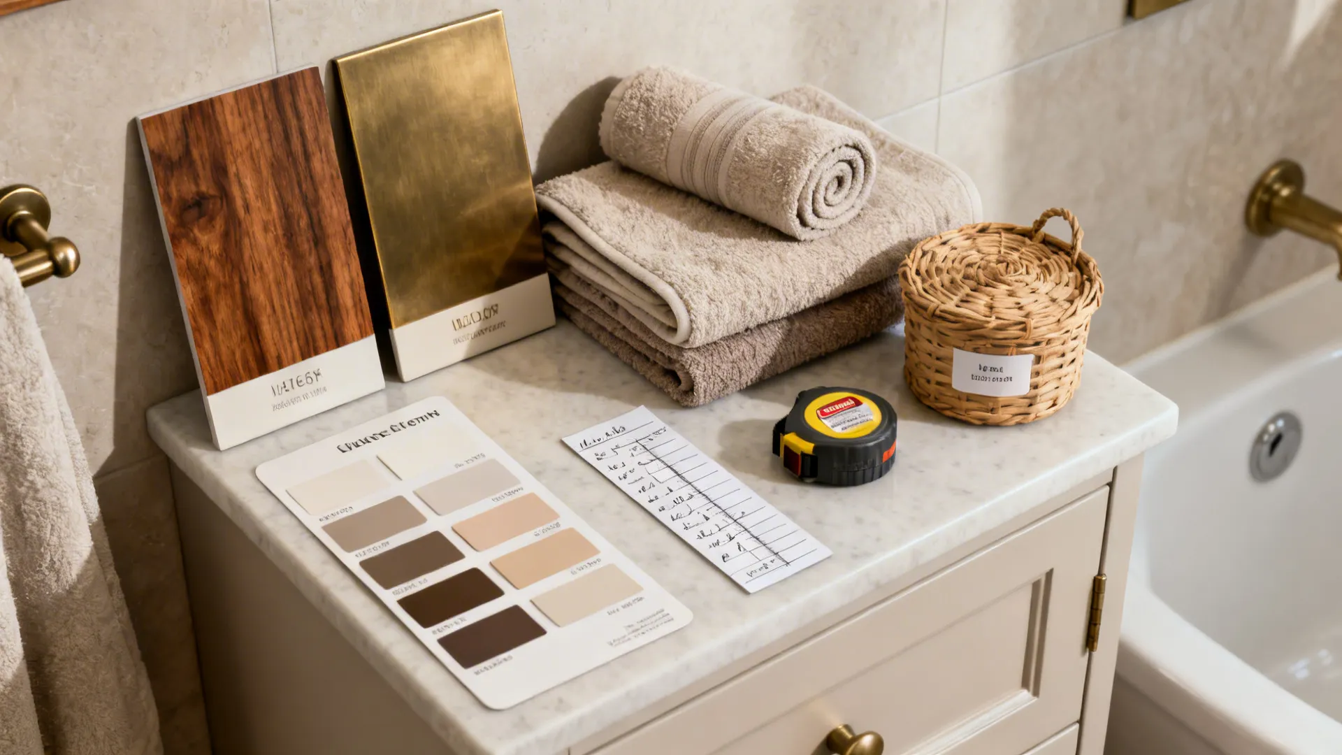 Flatlay of finishes and towel swatches for a small bathroom palette and planning.