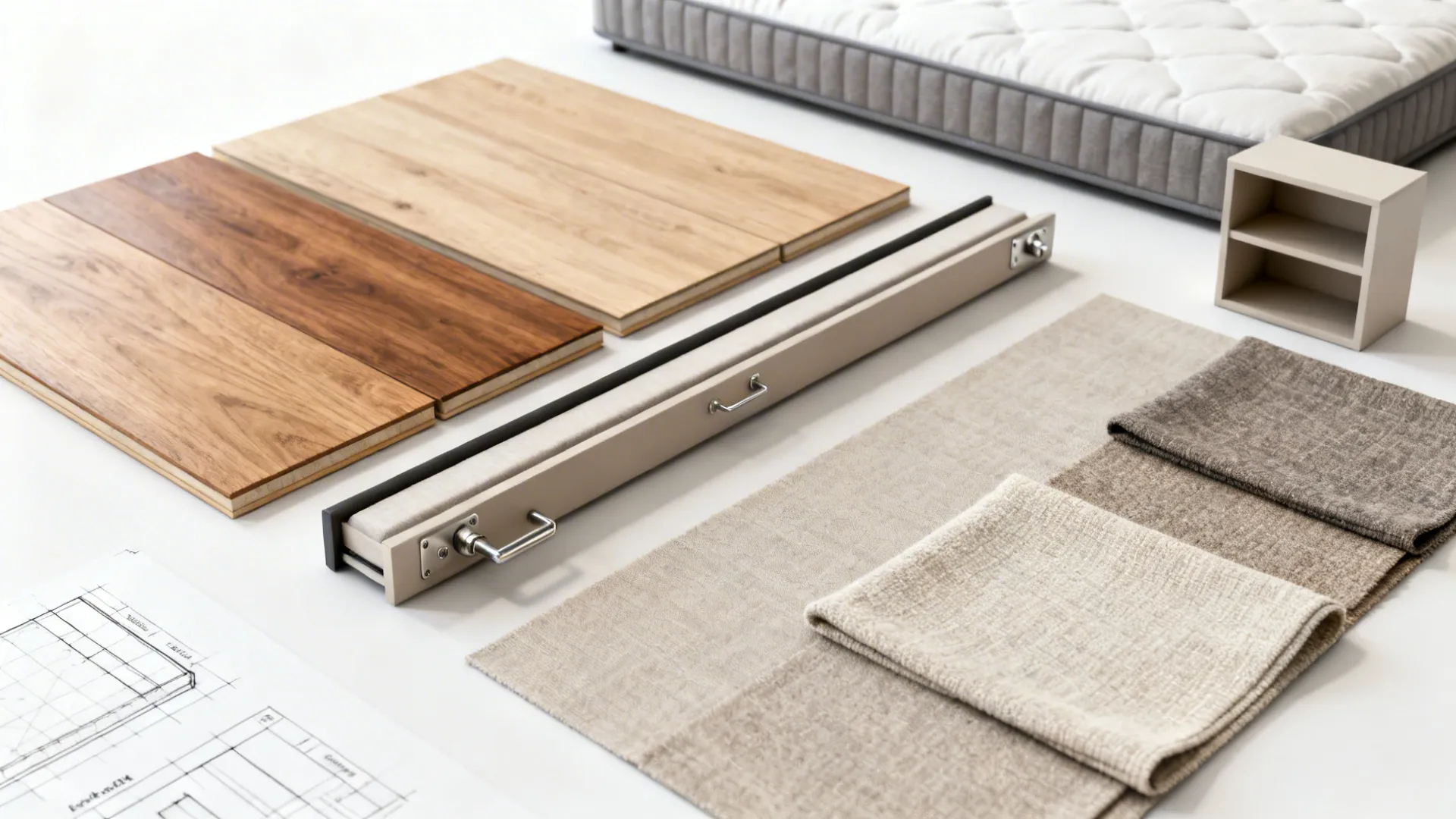 Material flatlay of wood and textile swatches, slim mattress sample and layout sketch for small bedroom planning