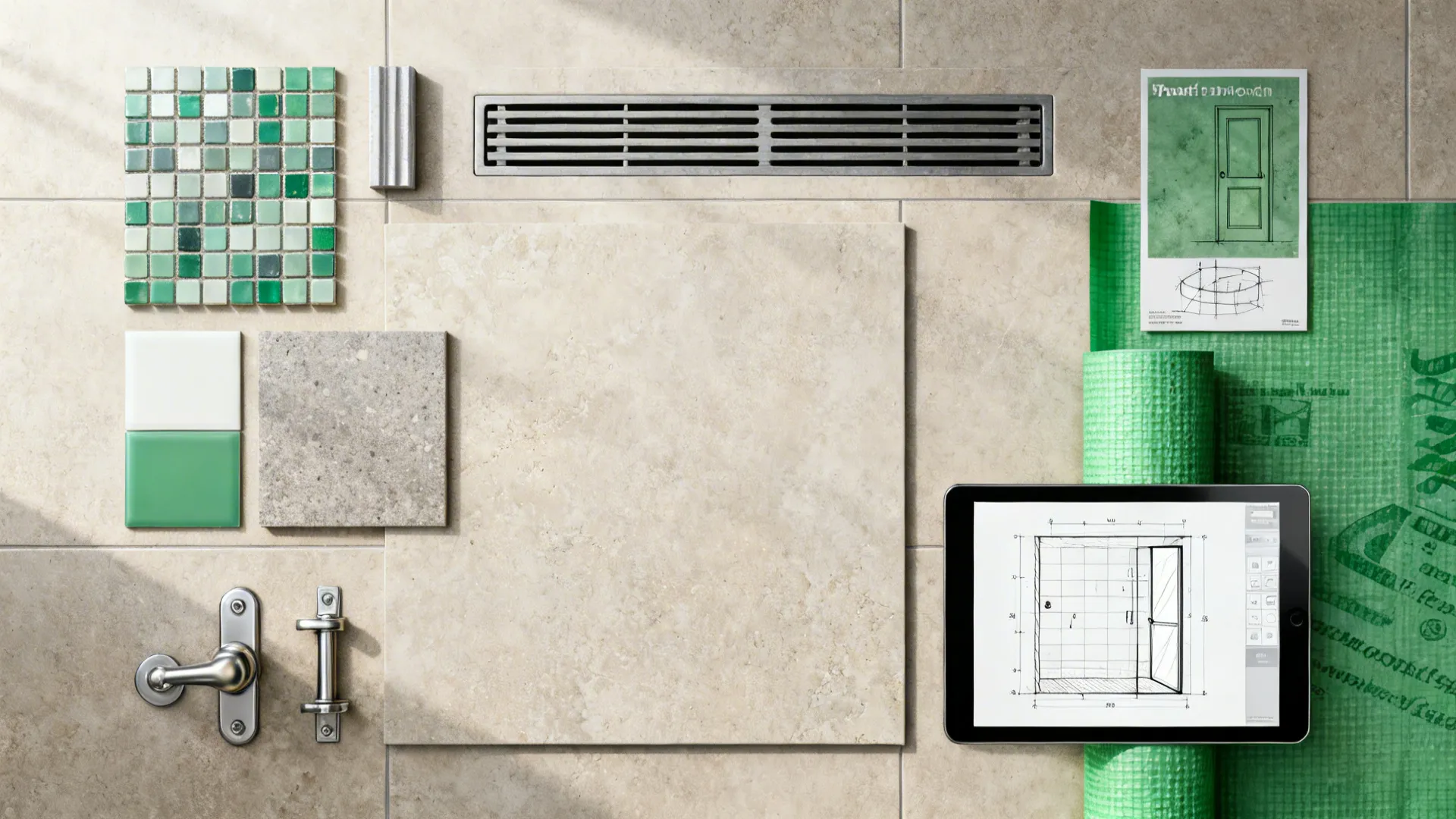 Flatlay of tile samples, linear drain, waterproofing swatch and a room planner on a tablet
