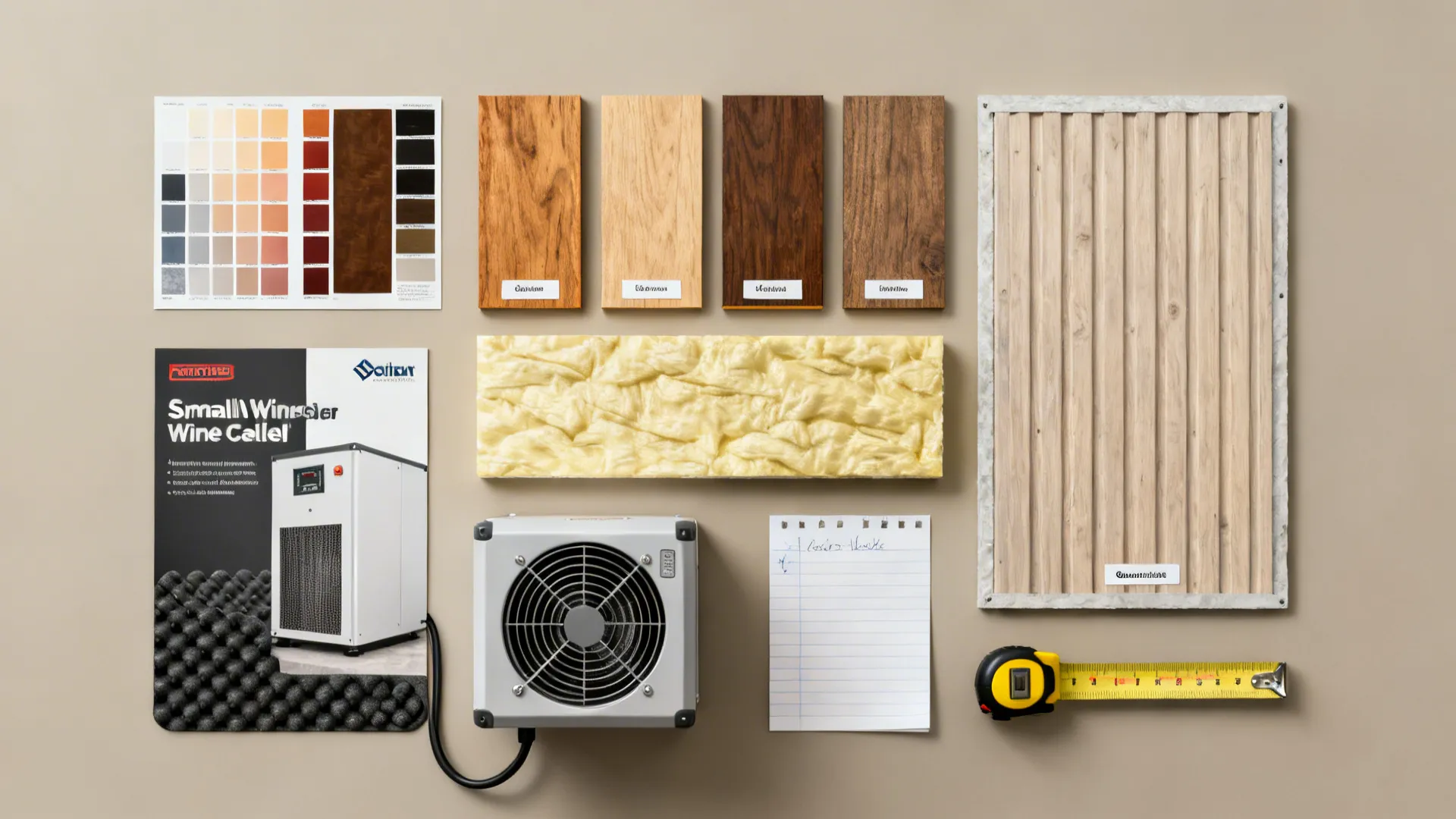 Flatlay of wood samples, insulation, cooling unit brochure and tools for planning a small wine cellar.